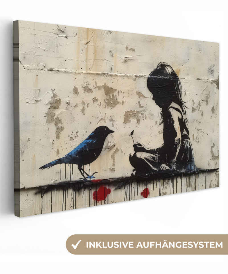 OneMillionCanvasses® Leinwandbild Mädchen - Straßenkunst - Vogel - Abstrakt - Graffiti - Modern, Beige - Street art (1 St), Leinwand Bilder Klein, Wand Dekoration 30x20 cm