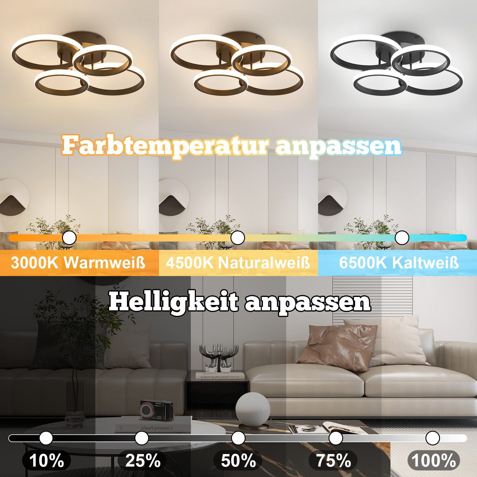 ZMH LED Deckenleuchte 4-Ring Dimmbar Schwarz/ Weiß 48W Wohnzimmerlampe, LED fest integriert, warmweiß, neutralweiß, kaltweiß, LED dimmbar moderne Schlafzimmerlampe