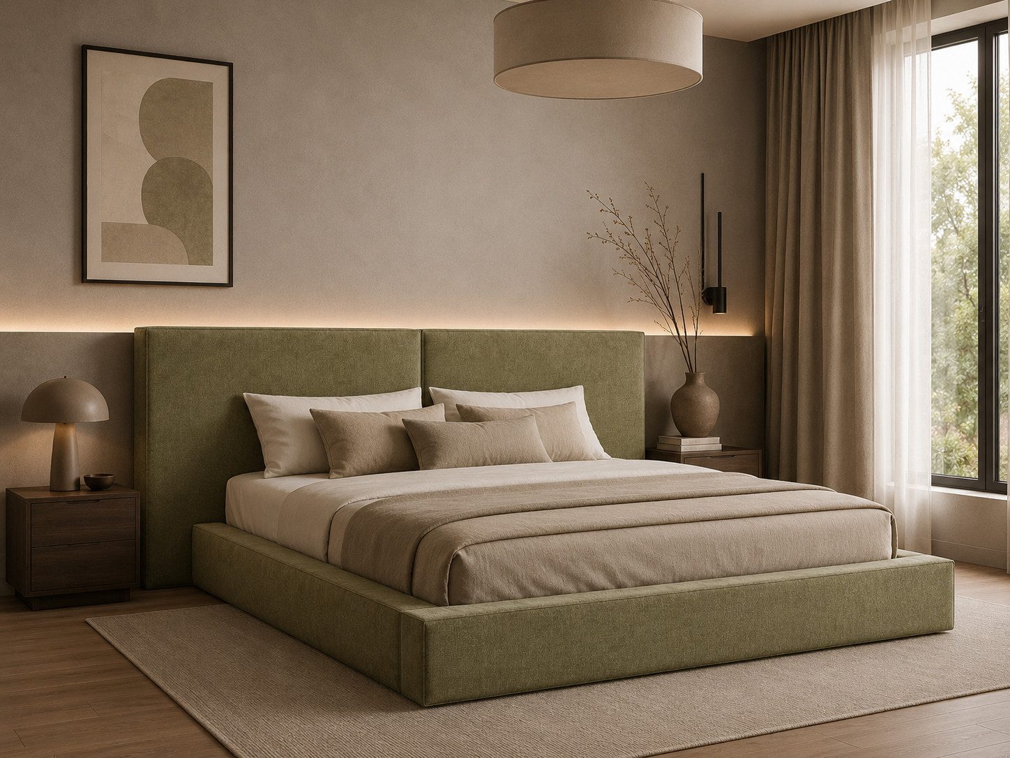 MOEBLO Polsterbett aus Strukturstoff Bett 06 (Bezug: Strukturstoff, Doppelbett mit Kopfstütze, Rahmenbettgestell, mit Bettkasten und Lattenrost), gepolstertes Kopfteil