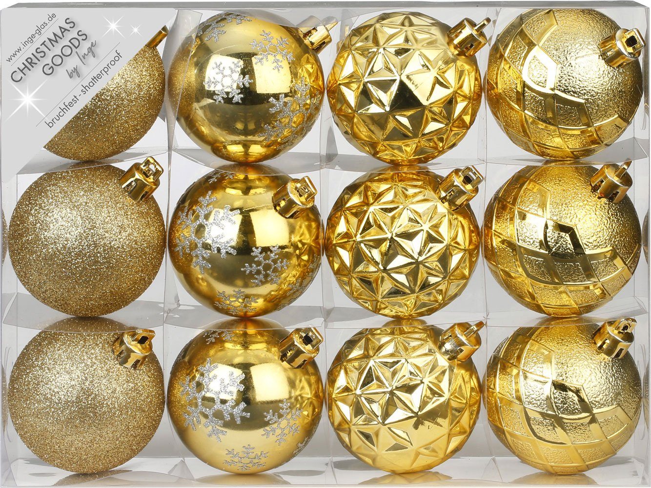 MAGIC by Inge Weihnachtsbaumkugel, Weihnachtskugeln Kunststoff mit Muster Mix 6cm gold, 12er Set