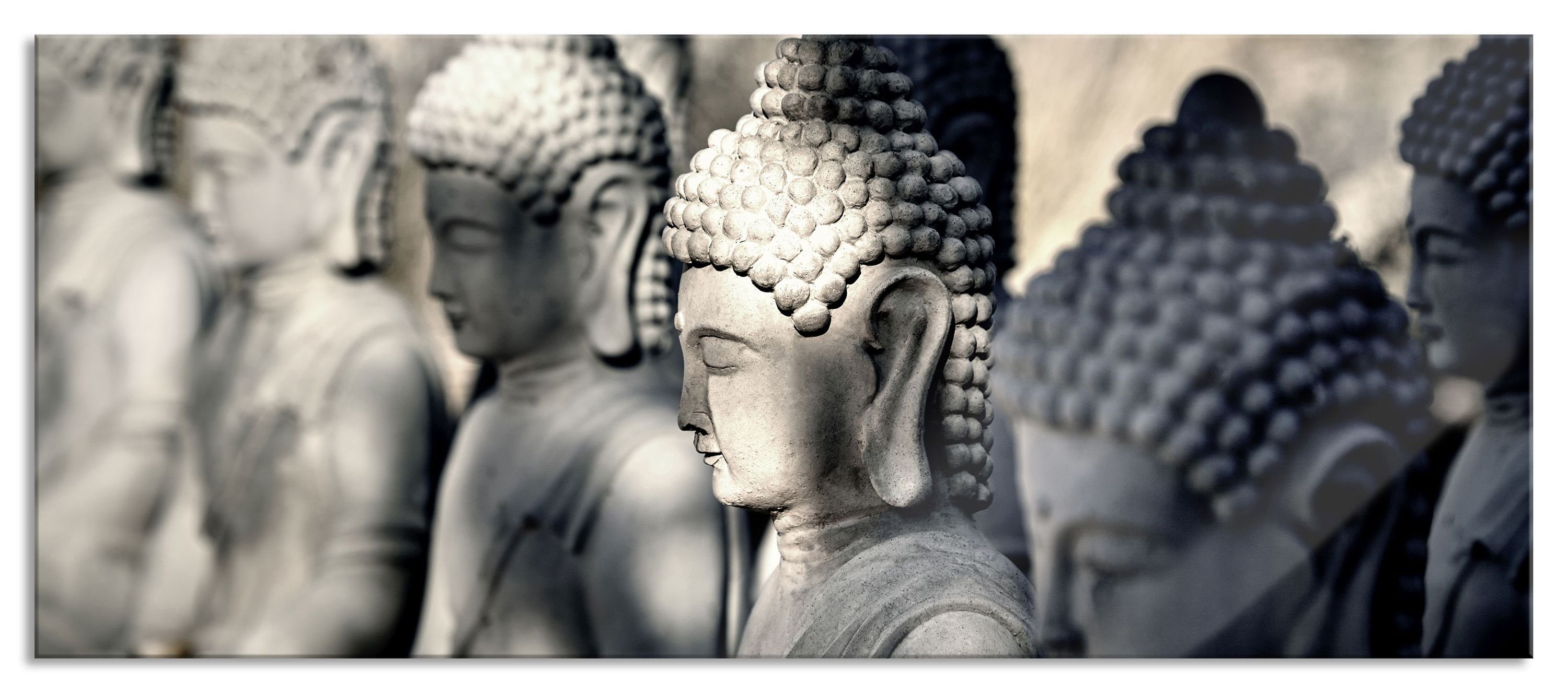 Pixxprint Glasbild Buddha-Statuen in einer Reihe, Buddha-Statuen in einer Reihe (1 St), Glasbild aus Echtglas, inkl. Aufhängungen und Abstandshalter