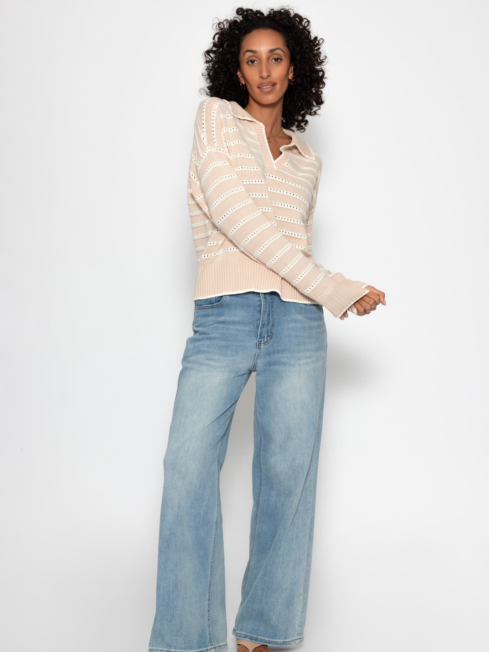 SASSYCLASSY Strickpullover Feinstrickpullover mit Polokragen für Damen Pullover mit Ajourstreifen und V-Ausschnitt in lockerem Schnitt