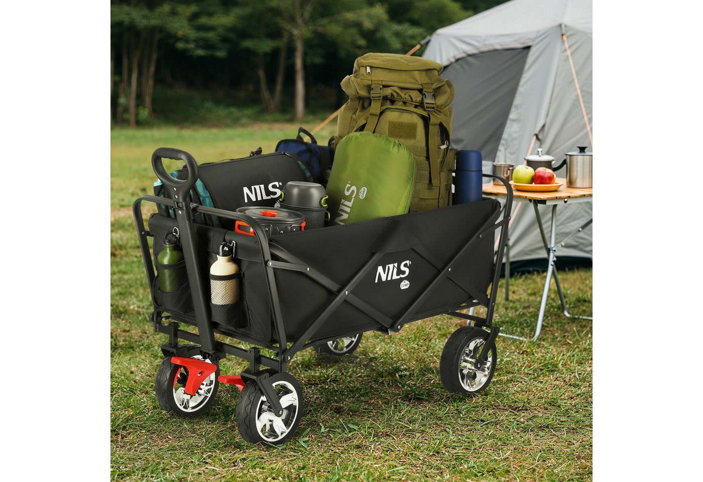 Thumbnail - NILS CAMP Bollerwagen faltbarer Handwagen Strandwagen schwarz Camping 120L, geringes Packmaß und leichter Auf & Abbau