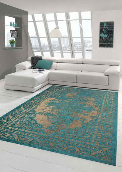 Teppich Moderner Teppich Designer Teppich Orientteppich Wohnzimmer Teppich mit Bordüre in Türkis Beige, Teppich-Traum, rechteckig, Höhe: 9 mm