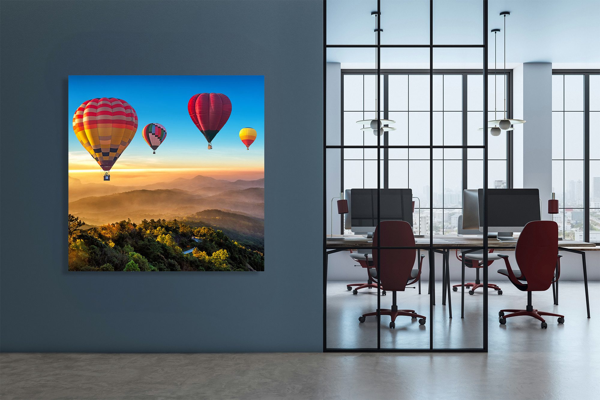 queence XXL-Wandbild Akustikbild Landschaft mit Heißluftballons, Ballonfahren, Heißluftballon, Himmel, Himmelsbilder, Landschaft (1 St), Einfache Akustiklösung ohne Baumaßnahme, Schalldämmung, Paneele