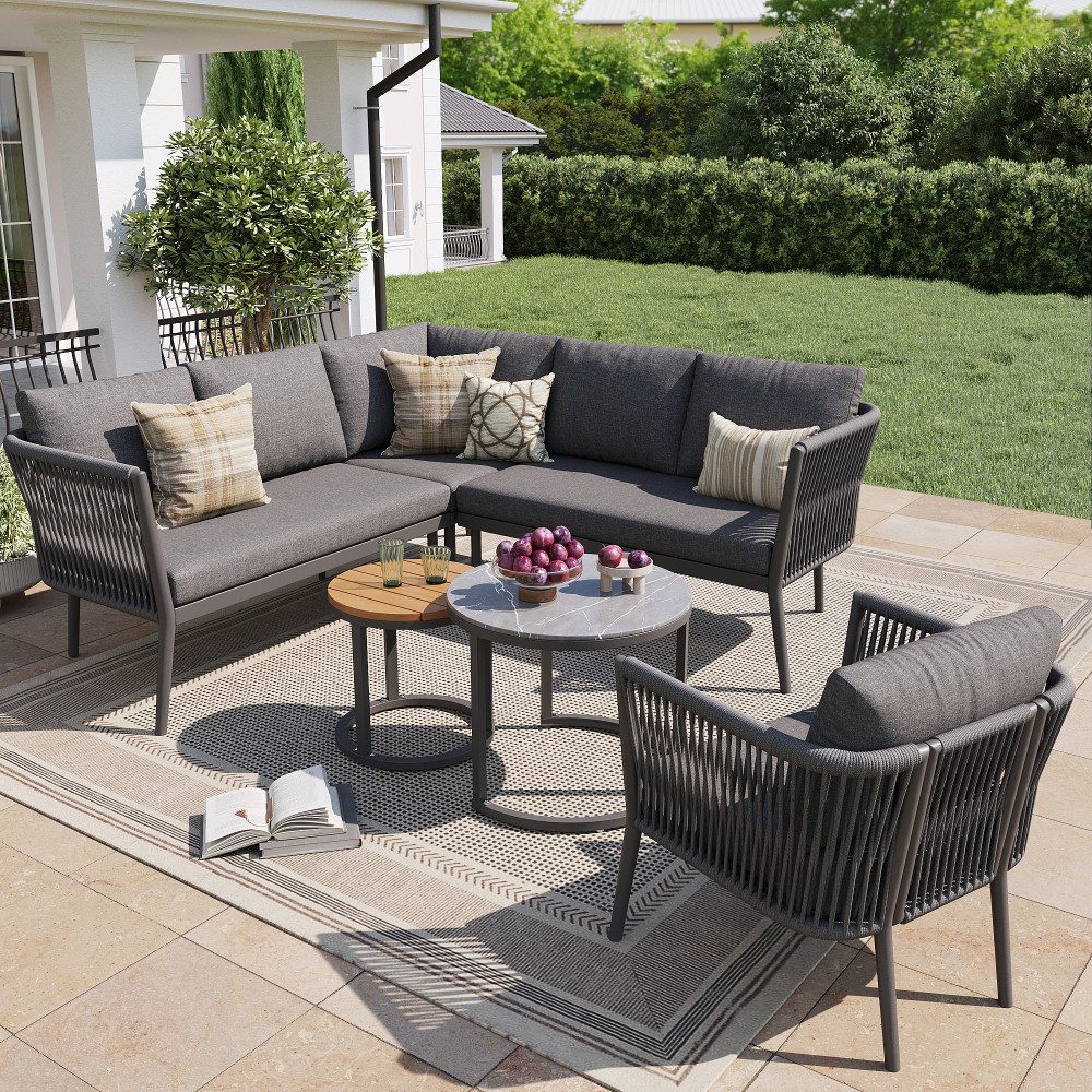 BBWL Gartenlounge-Set mit Seil Design, modular Ecksofa mit Kissen und Metallrahmen, Gartenlounge Set 5–6 Personen Outdoor Sofa für Balkon Terrasse
