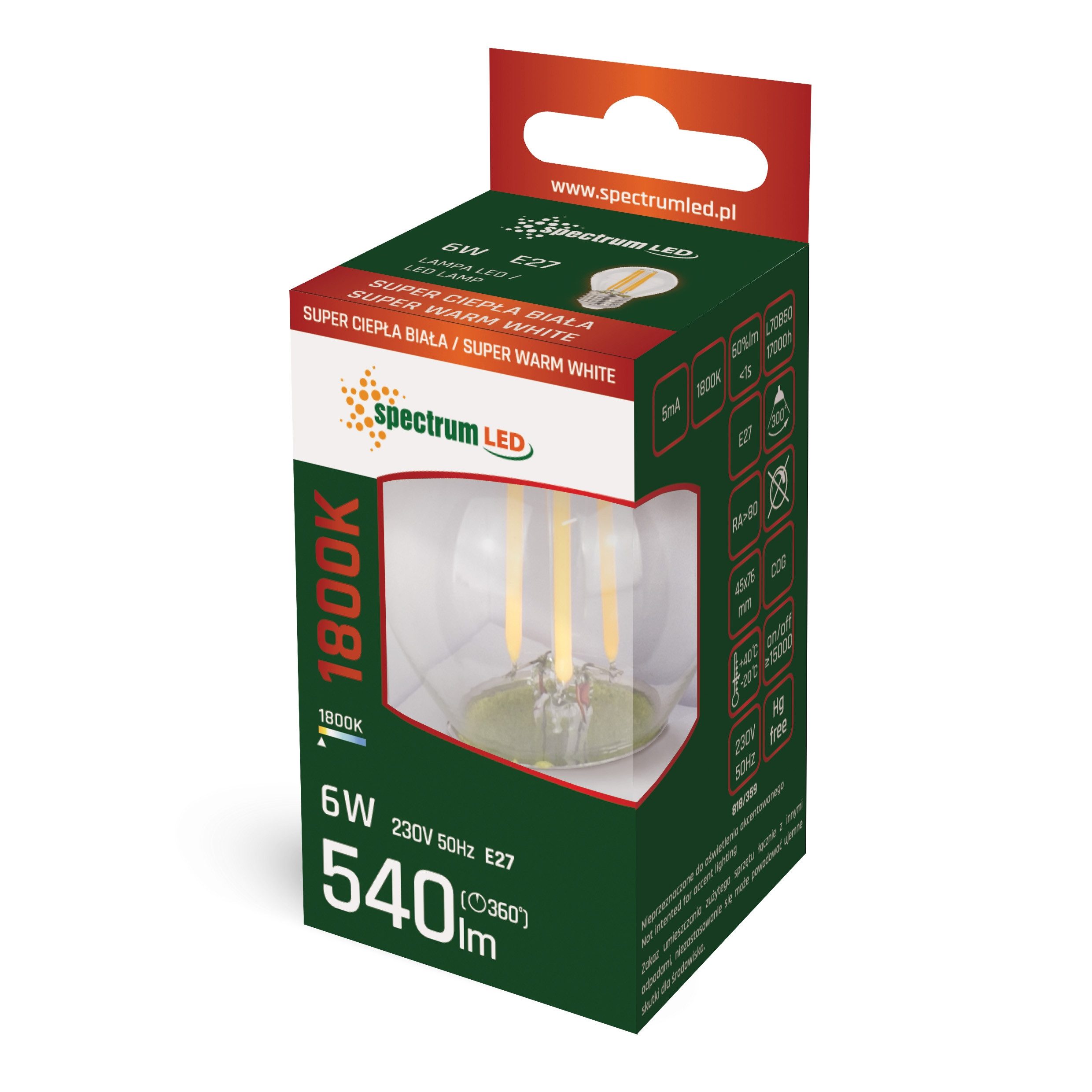 Spectrum LED-Leuchtmittel LED E27 G45 Filament klar 6W 230V 540lm 300° Extra Warmweiß 1800K, E27, Extra Warmweiß, Filament klar, Extra Warmweiß. Tropfen