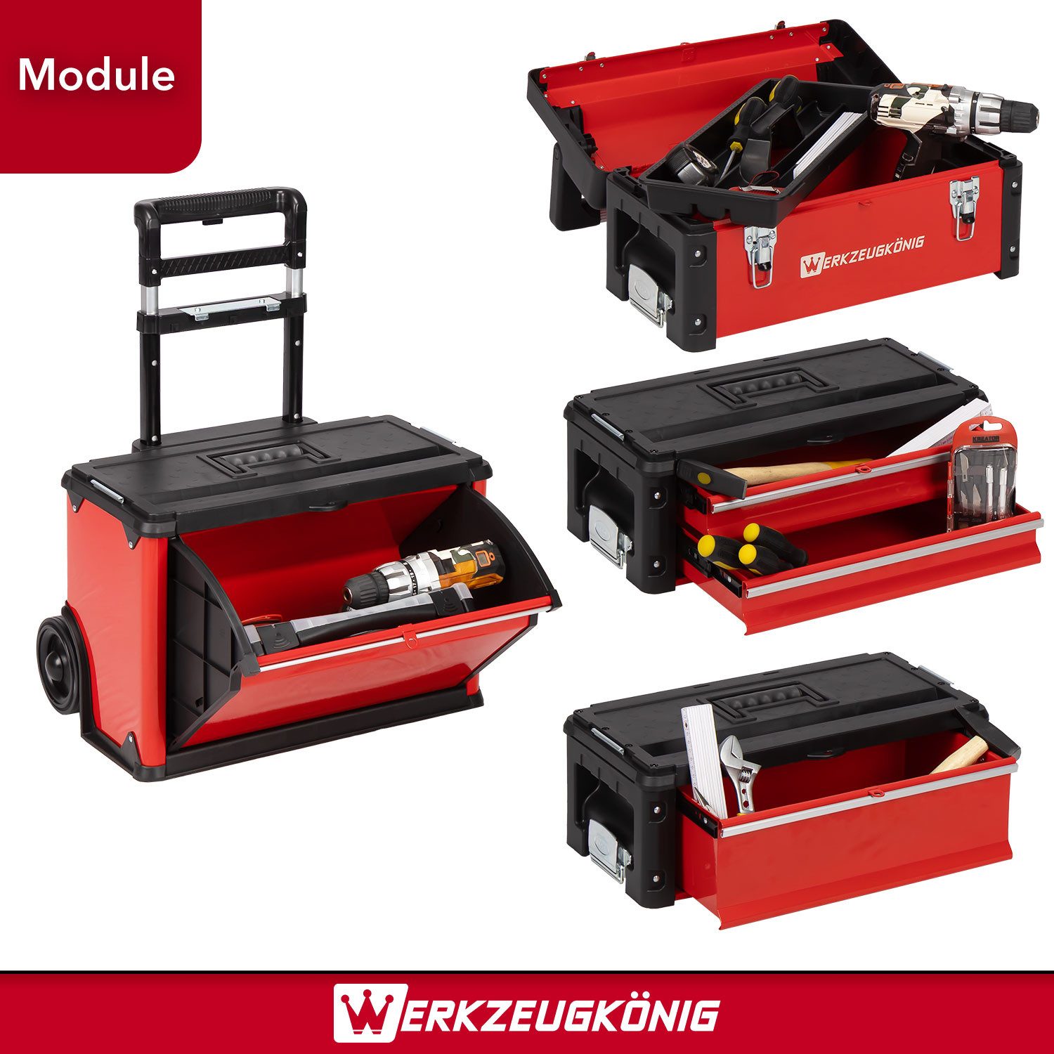 Werkzeugkönig Werkzeugtrolley Werkstattwagen Modulsystem leer, Module einzeln nutzbar und kombinierbar - inklusive Sortimentskoffer – Bild 3 von 5