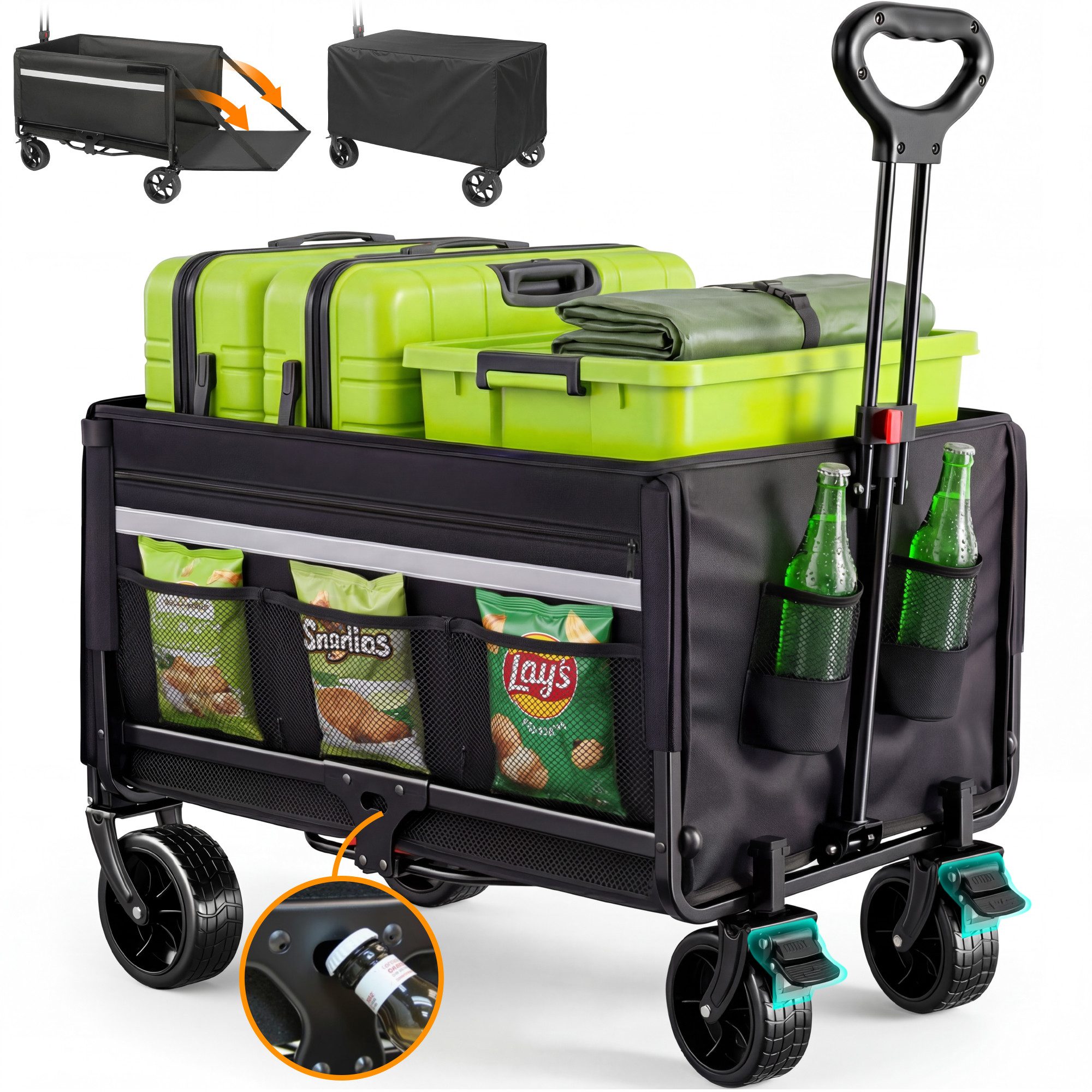 HOMECALL Bollerwagen Gartenwagen bis 150kg Handwagen Strandwagen Klappbar Transportwagen (Inkl. Regenabdeckung! Kapazität erweiterbar durch 2 Aufbewahrungstaschen, 120L+ , Campingwagen mit Reflektorstreifen), Für Einkaufen, Camping, Garten, Dogs