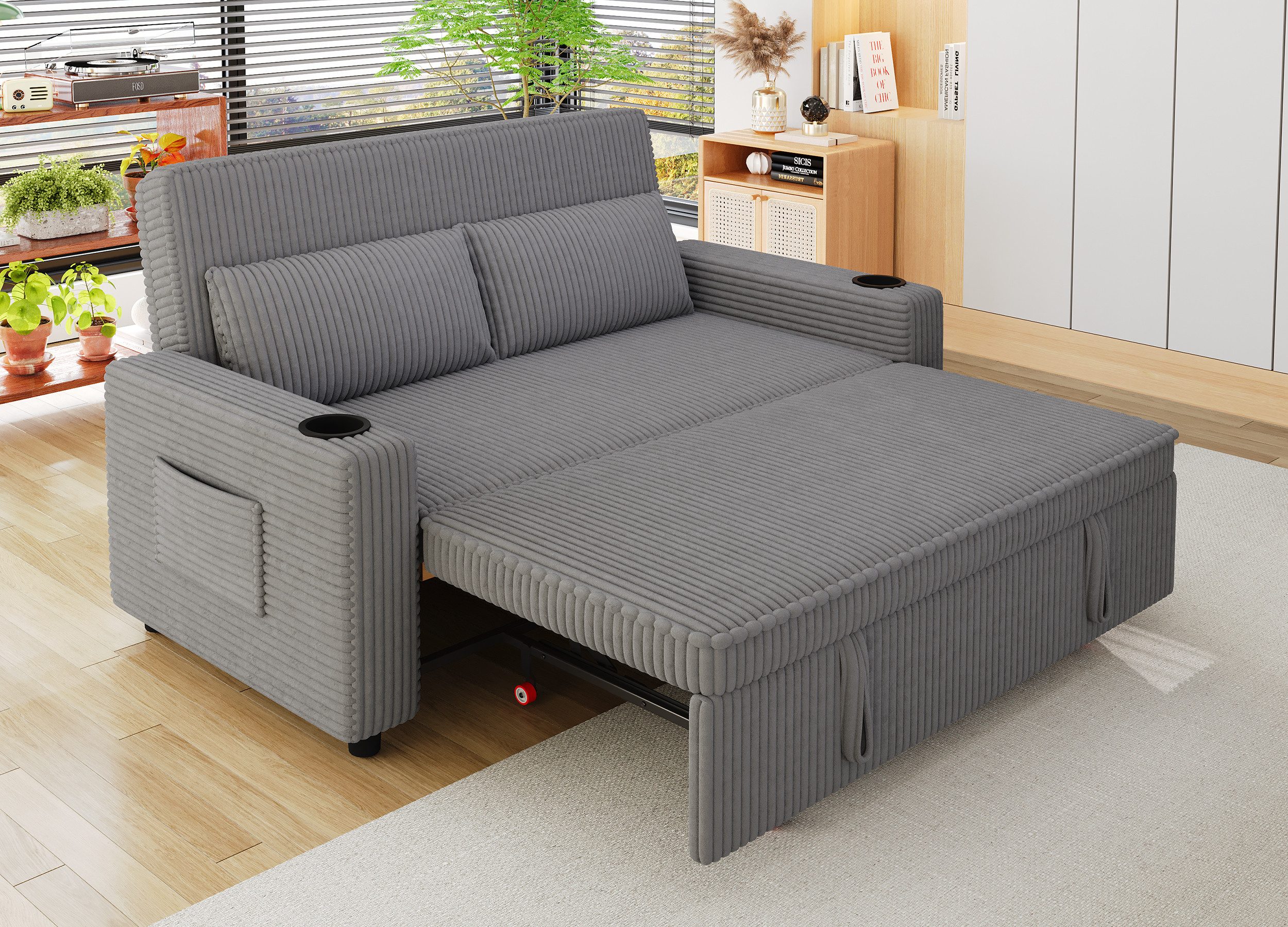 HOMALL Sofa Schlafsofa, kompaktes Klappsofa, verstellbare Rückenlehne, Doppelschlafsofa Ein ausziehbares Schlafsofa mit zwei Getränkehaltern.