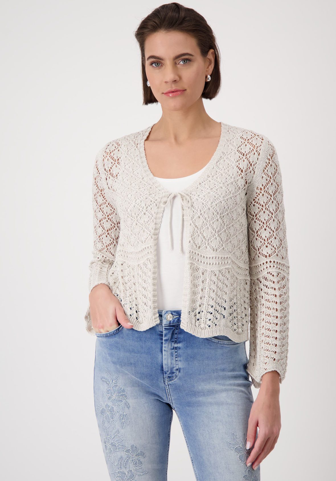 Monari Ajourstrickjacke mit Bändchen als Verschluss günstig online kaufen