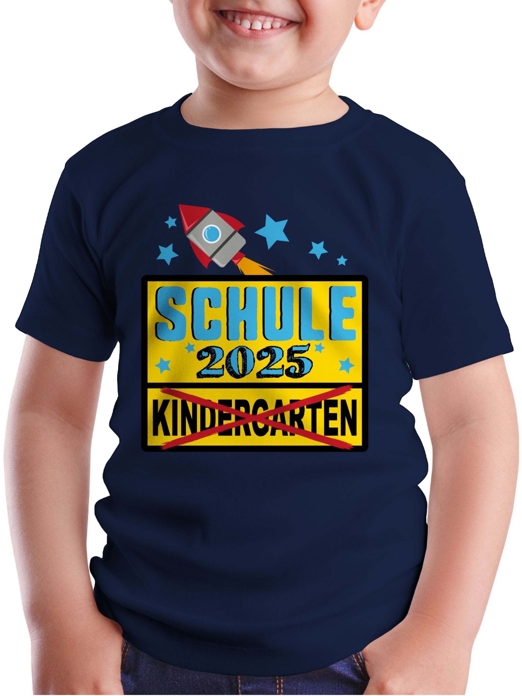 Shirtracer T-Shirt Ortsschild Schule 2025 Kindergarten Rakete Einschulung Junge Schulanfang Geschenke