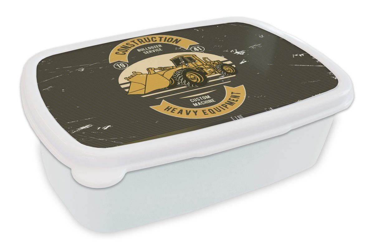 MuchoWow Lunchbox Bulldozer - Gelb - Zeichnung - Retro, Kunststoff, (2-tlg), Brotbox für Kinder und Erwachsene, Brotdose, für Jungs und Mädchen weiß