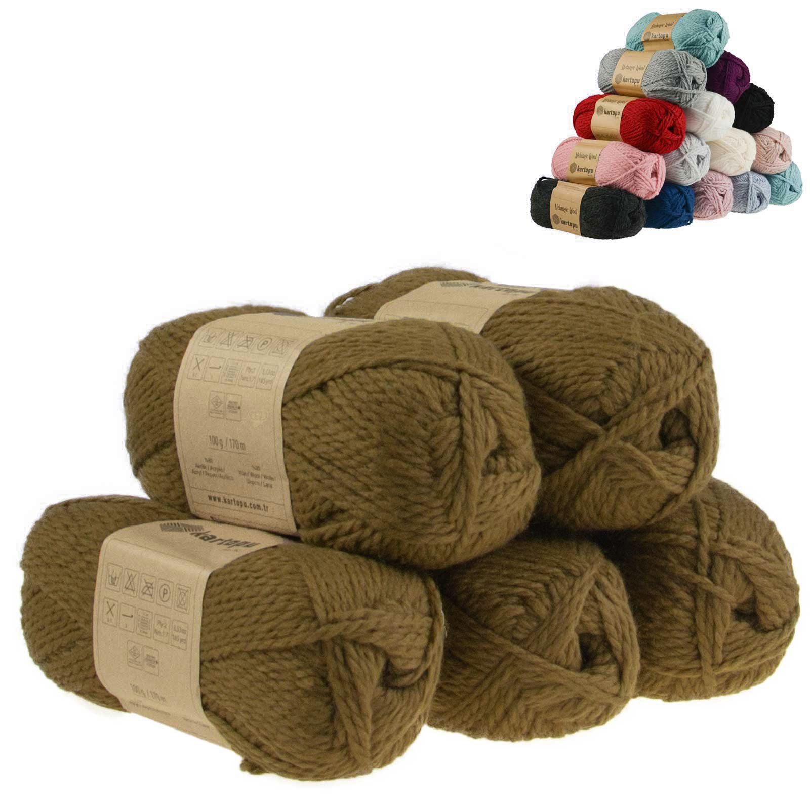Kartopu 5 x 100g Strickgarn Kartopu Melange Wool Häkelwolle, 170 m, K4001grünbraun