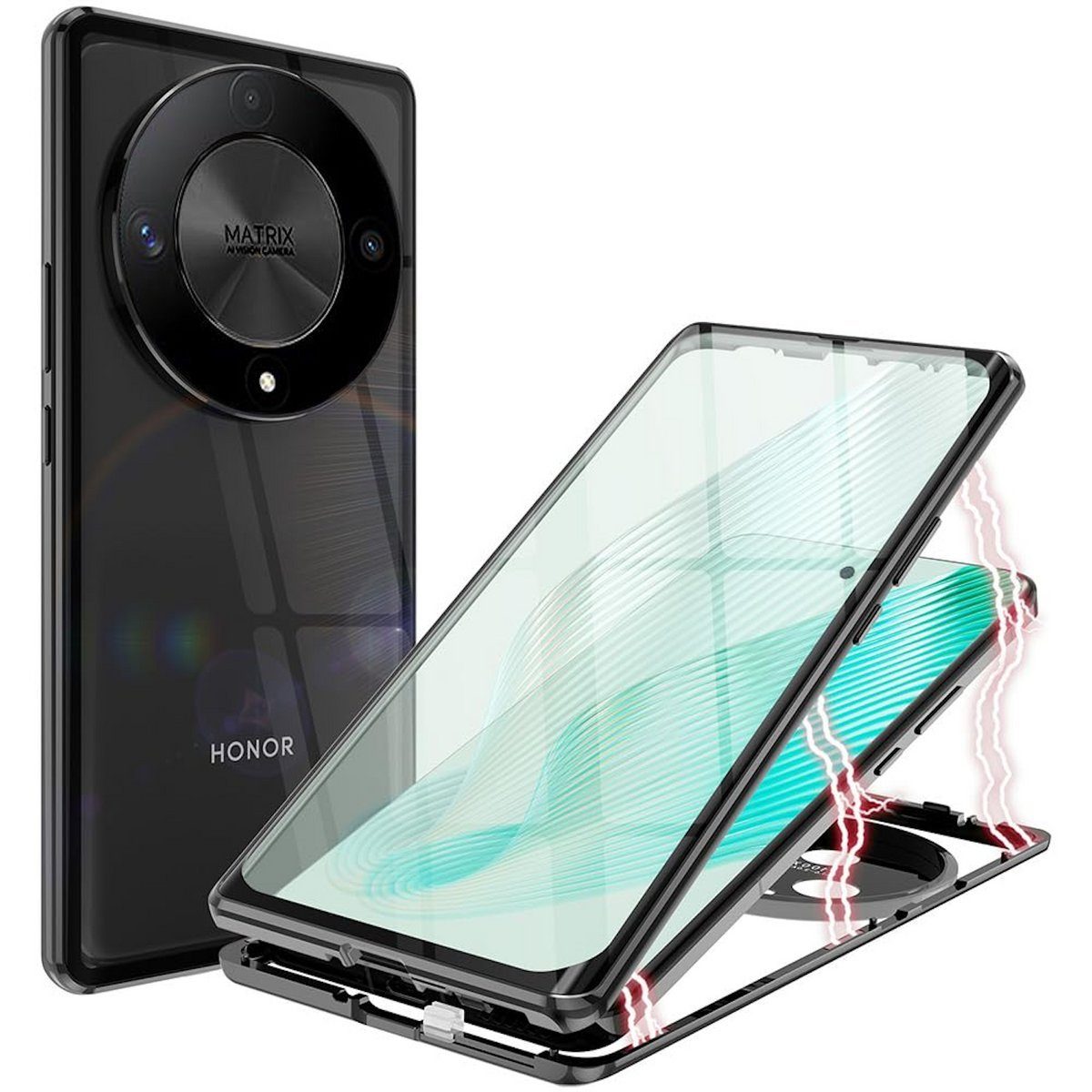 Wigento Handyhülle Für Honor Magic 6 Lite 360 Grad Magnet Glas Bumper Handy Hülle Case