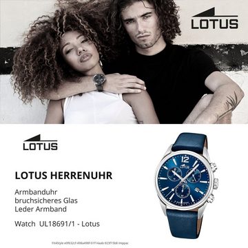 Lotus Quarzuhr LOTUS Herren Uhr Sport 18691/1 Leder, (Analoguhr), Herrenuhr rund, groß (ca. 42mm) Lederarmband blau