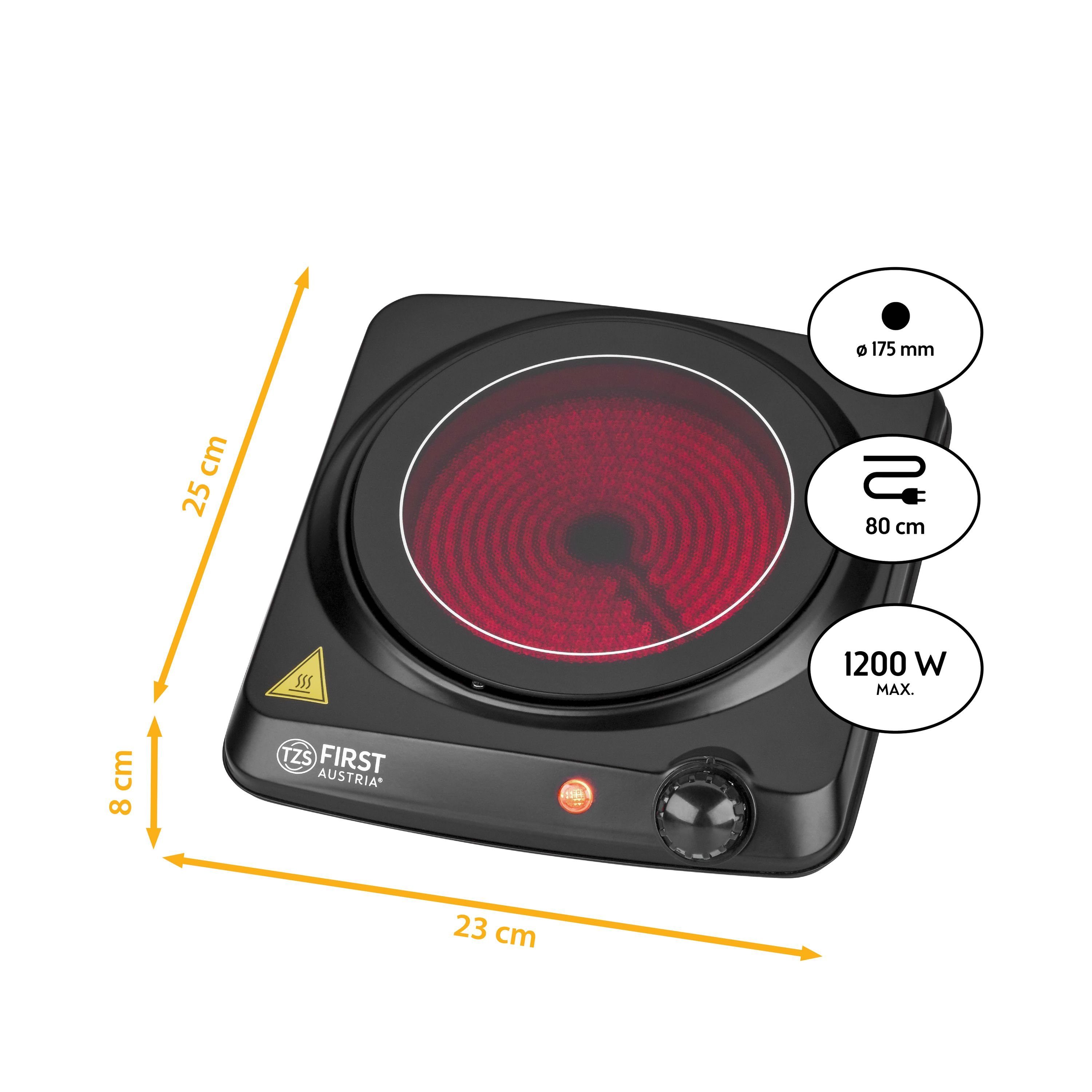 TZS FIRST cm 1200W, Doppelkochplatte AUSTRIA Kochplatte, Herdplatte Camping, mobile 17,5 Glaskeramik, stufenloser 1200W, Einzelkochplatte Temperaturregelung, Kochplatte