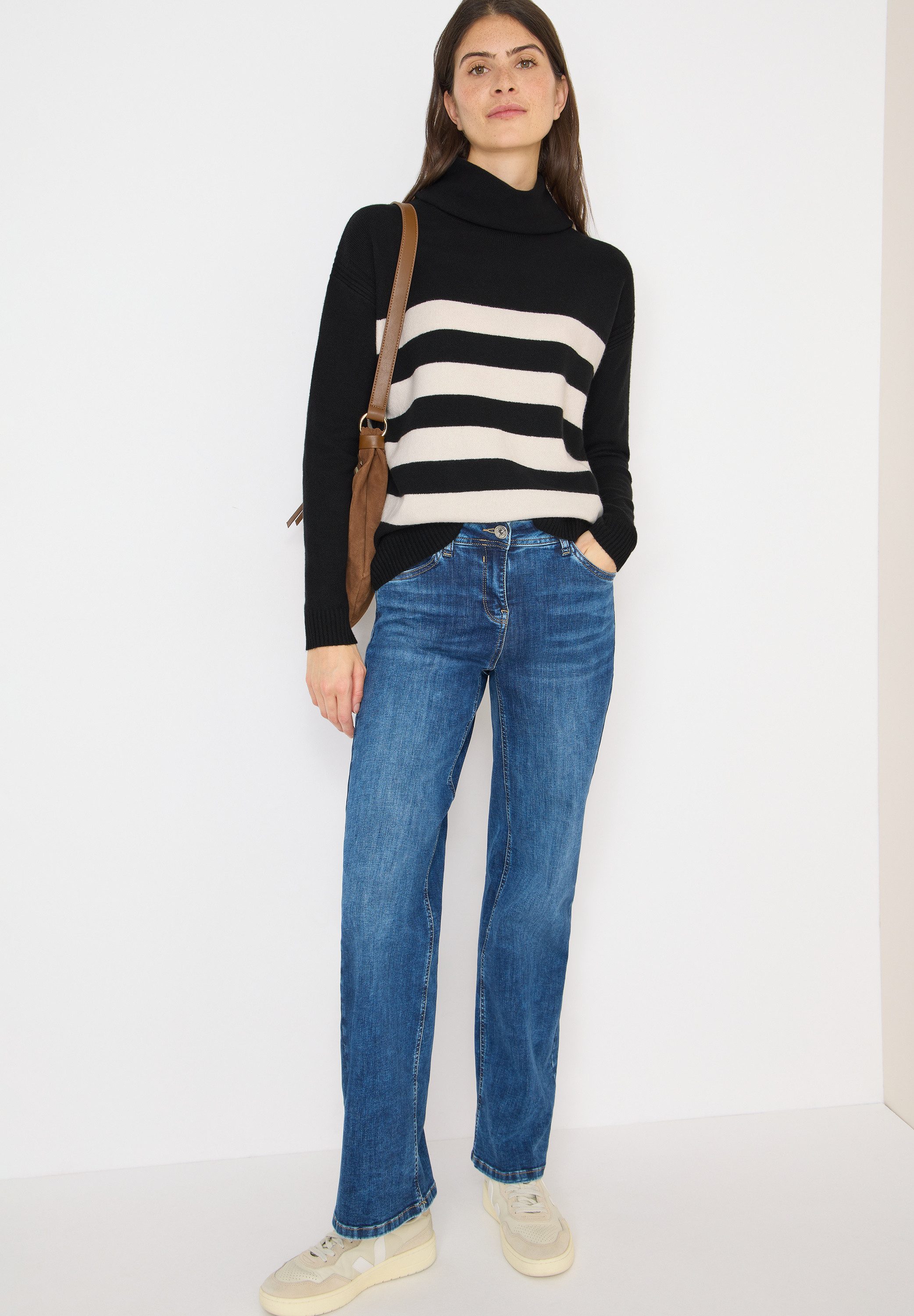 CECIL Rollkragenpullover mit Colorblocking-Streifen und großem Kragen