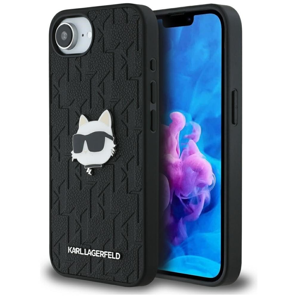 KARL LAGERFELD Handyhülle iPhone 16e Kunststoff schwarz Logo Katze Metall.