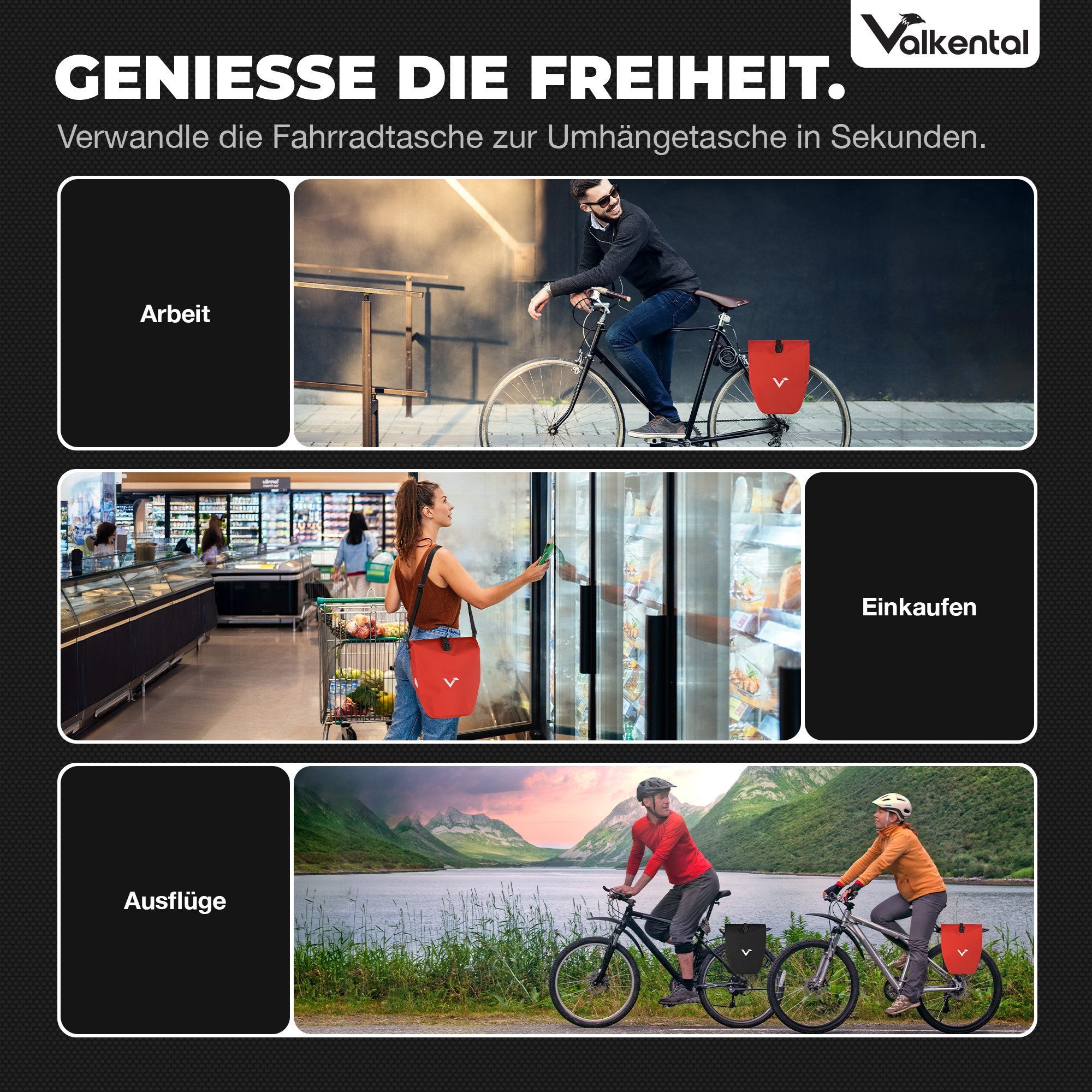 Valkental Fahrradtasche Gepäckträger wasserdicht & abschließbar, Gepäckträgertasche Fahrrad mit Großen Reflektoren 20L, 28L, 32L