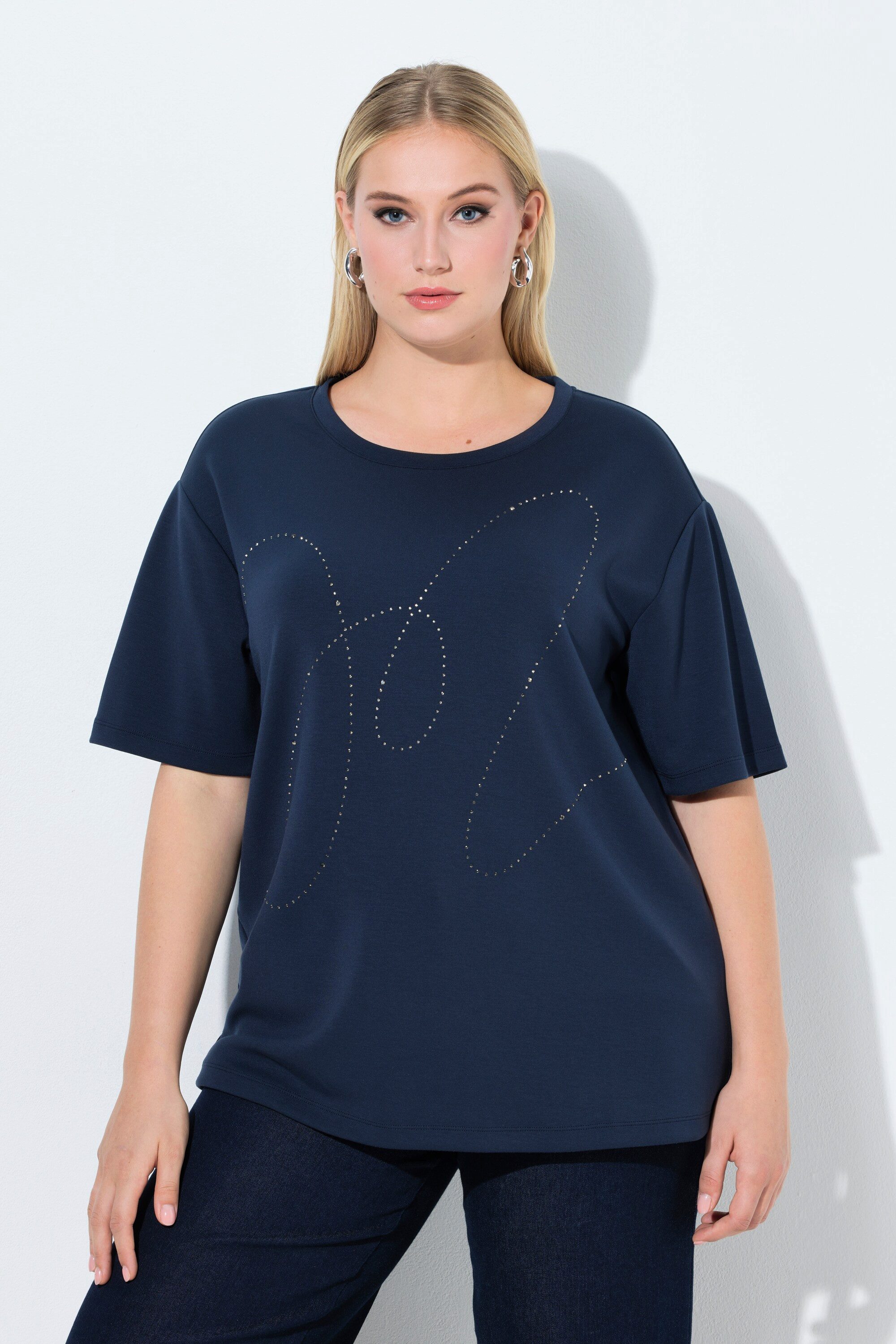 Ulla Popken Sweatshirt Sweatshirt Ziersteine Rundhals Halbarm Modalmix