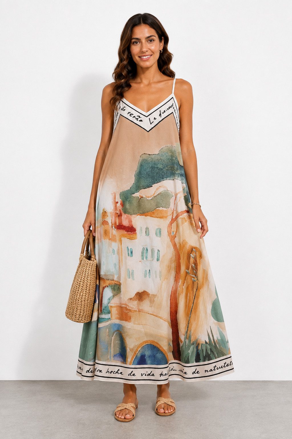 ITALY VIBES Sommerkleid - A-Linien Kleid mit Aquarell Print - Damen Kleid in Satin-Optik ONE SIZE - passend für Größen M bis XL