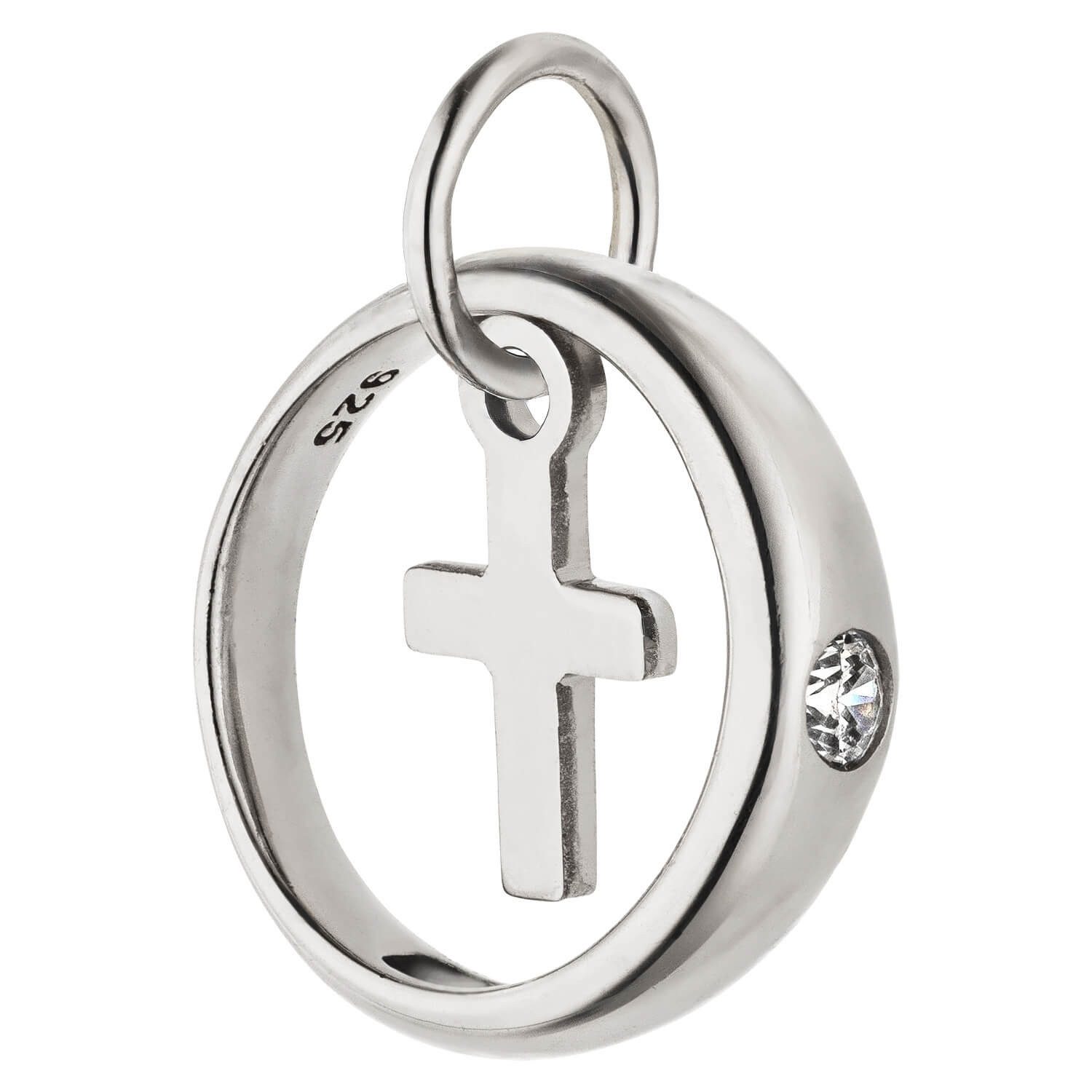 Schmuck Krone Kettenanhänger Taufring Anhänger mit Kreuz 925 Silber rhodiniert Zirkonia, Silber 925