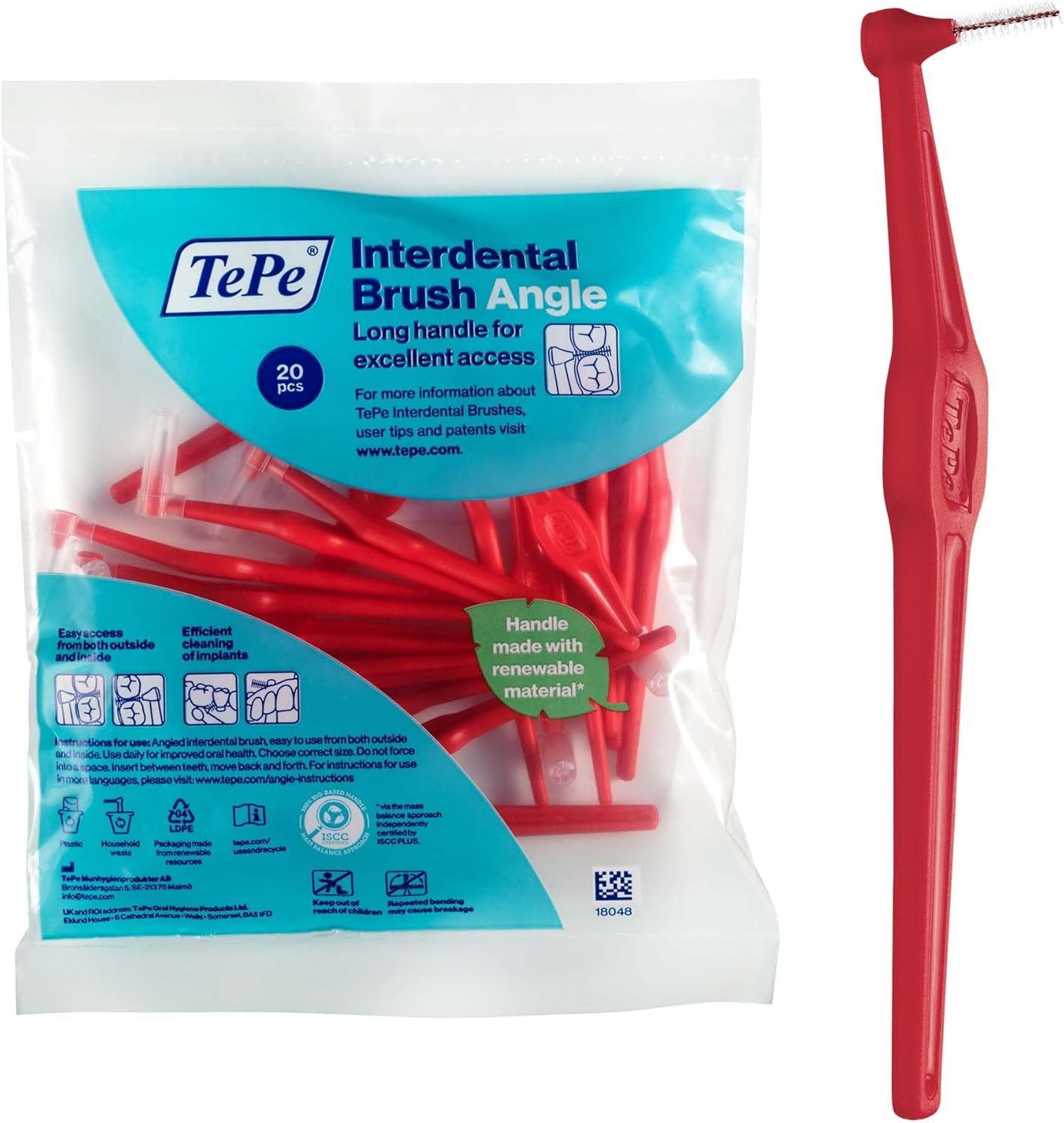 TePe Interdentalbürsten Angle Rot 0,5 mm, ISO-2 20-Pack, Langer, flacher Griff