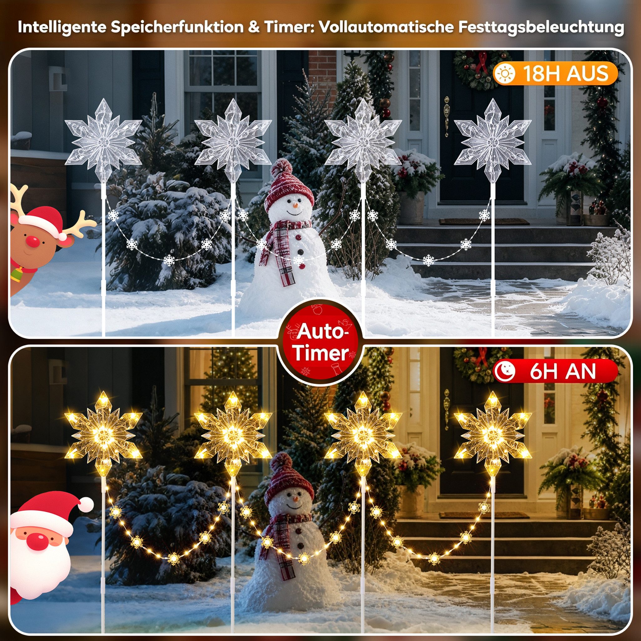 Quntis Lichterkette Weihnachtsdeko LED Sternlichter 4er Set mit Erdspieß und Timerfunktion, Farbwechsel Warmweiß mit 8 Modi für Garten Schneeflocken-Steckleucht – Bild 3 von 5
