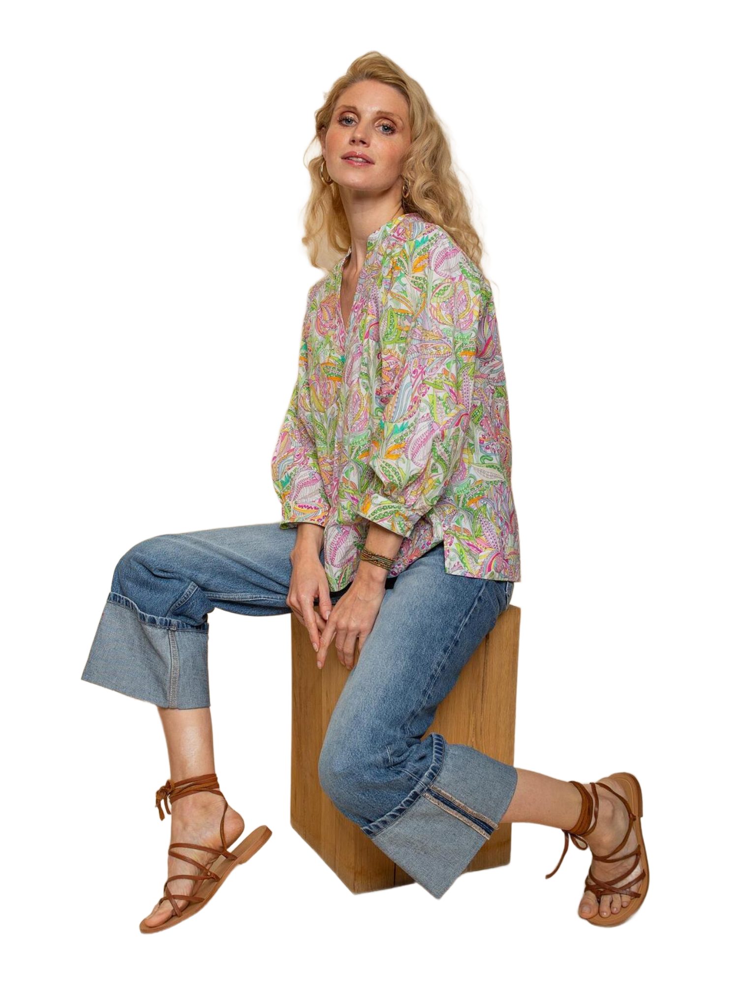 Emily Van Den Bergh Blusenshirt bunt,Casual,Baumwolle,Allover-Print,V-Ausschnitt,7/8 Arm,Casual Fit