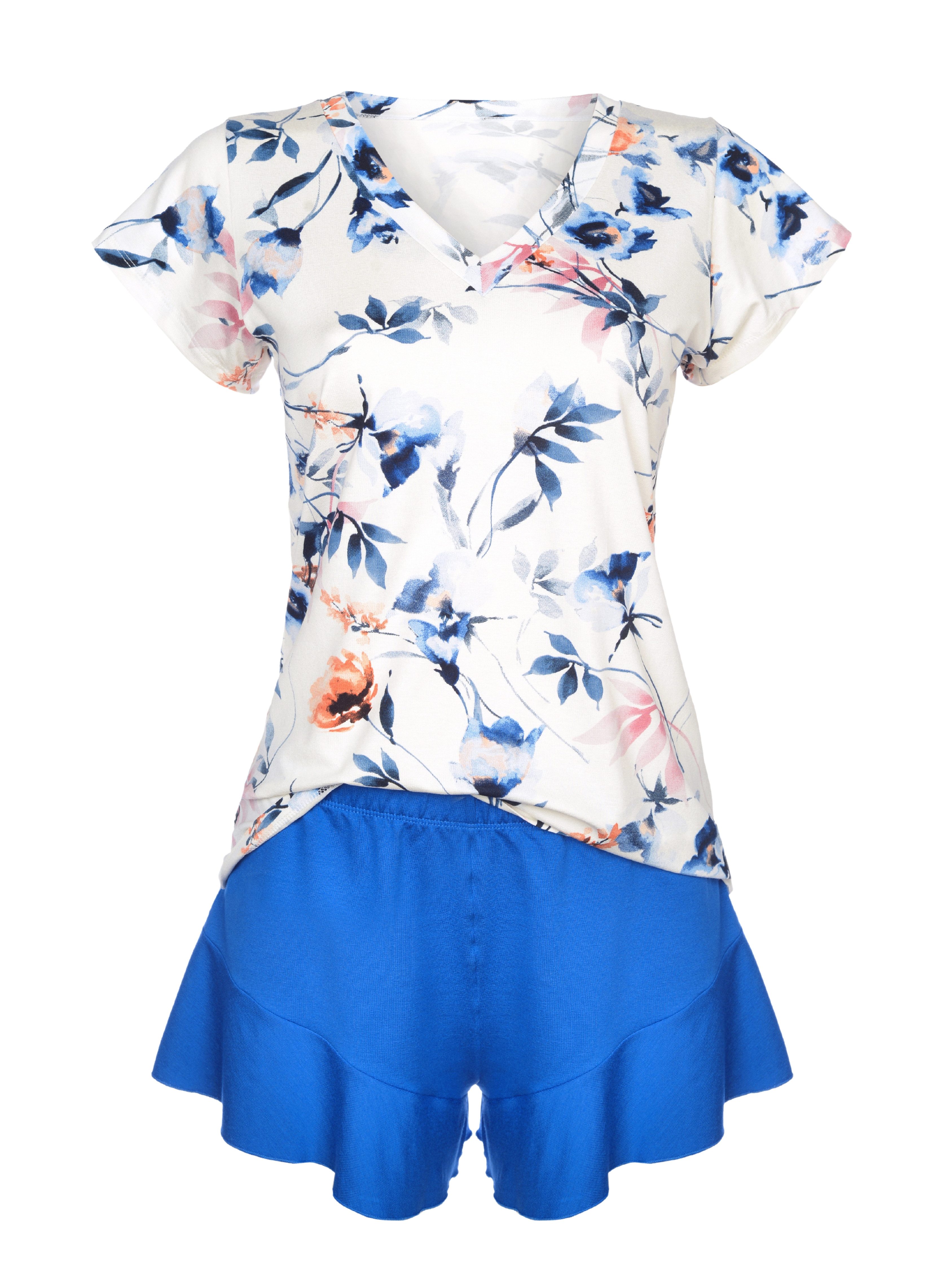 Donna Shorty Schlafanzug kurz in royal-blau (Set, 2 tlg) Blumen-Druck und p günstig online kaufen