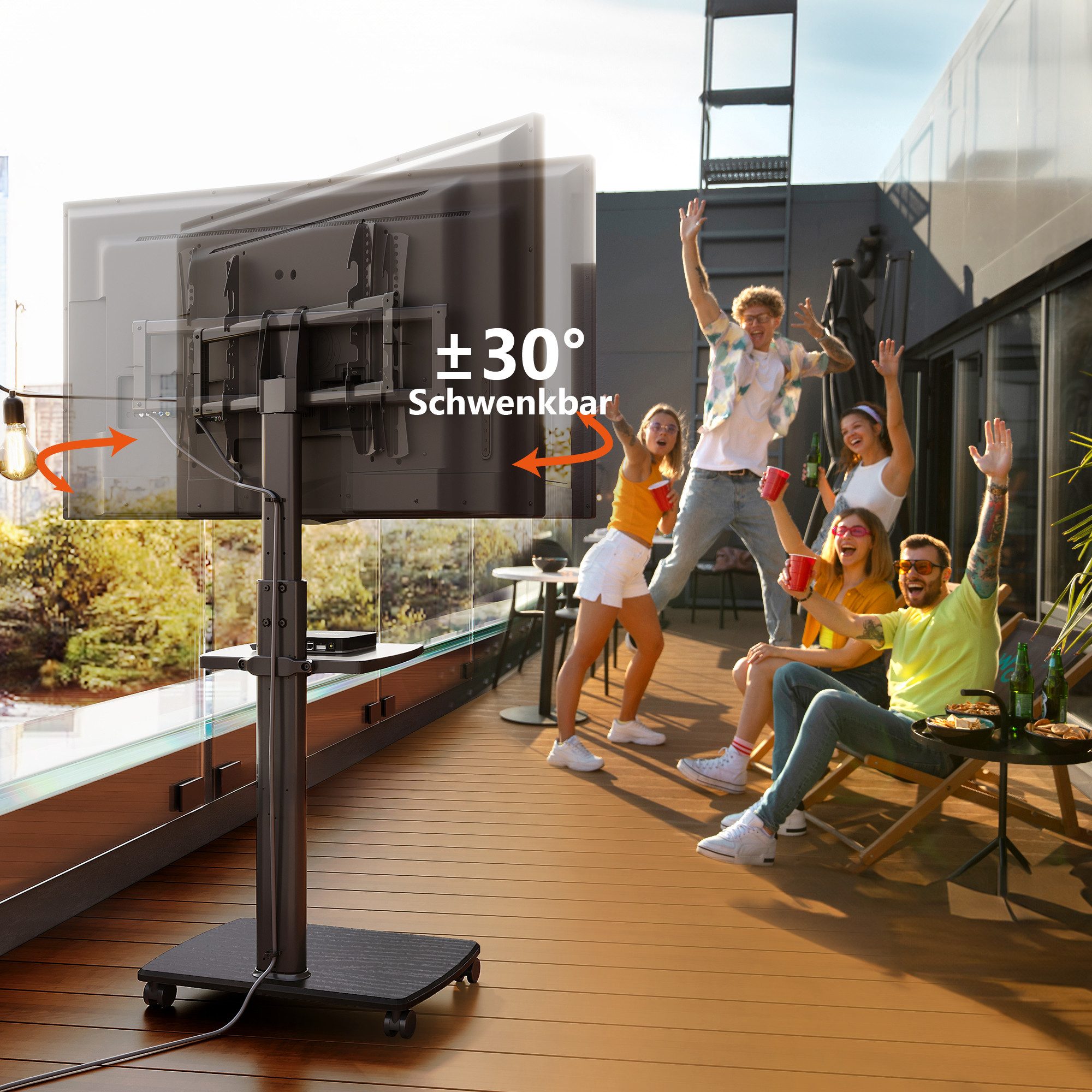 FITUEYES TV-Ständer mobile TV-Halterung mit Ablage, Rollen, 32-70 Zoll, (bis 70,00 Zoll, höhenverstellbar, ±30° schwenkbar, Holzbasis)