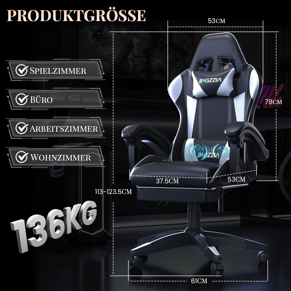 ZAISZE Gaming-Stuhl Schreibtischstuhl, Ergonomischer Bürostuhl mit Massagefunktion (PC Stuhl mit Fußstütze Kopfstütze Lendenkissen), Höhenverstellung Neigung 90 – Bild 2 von 5