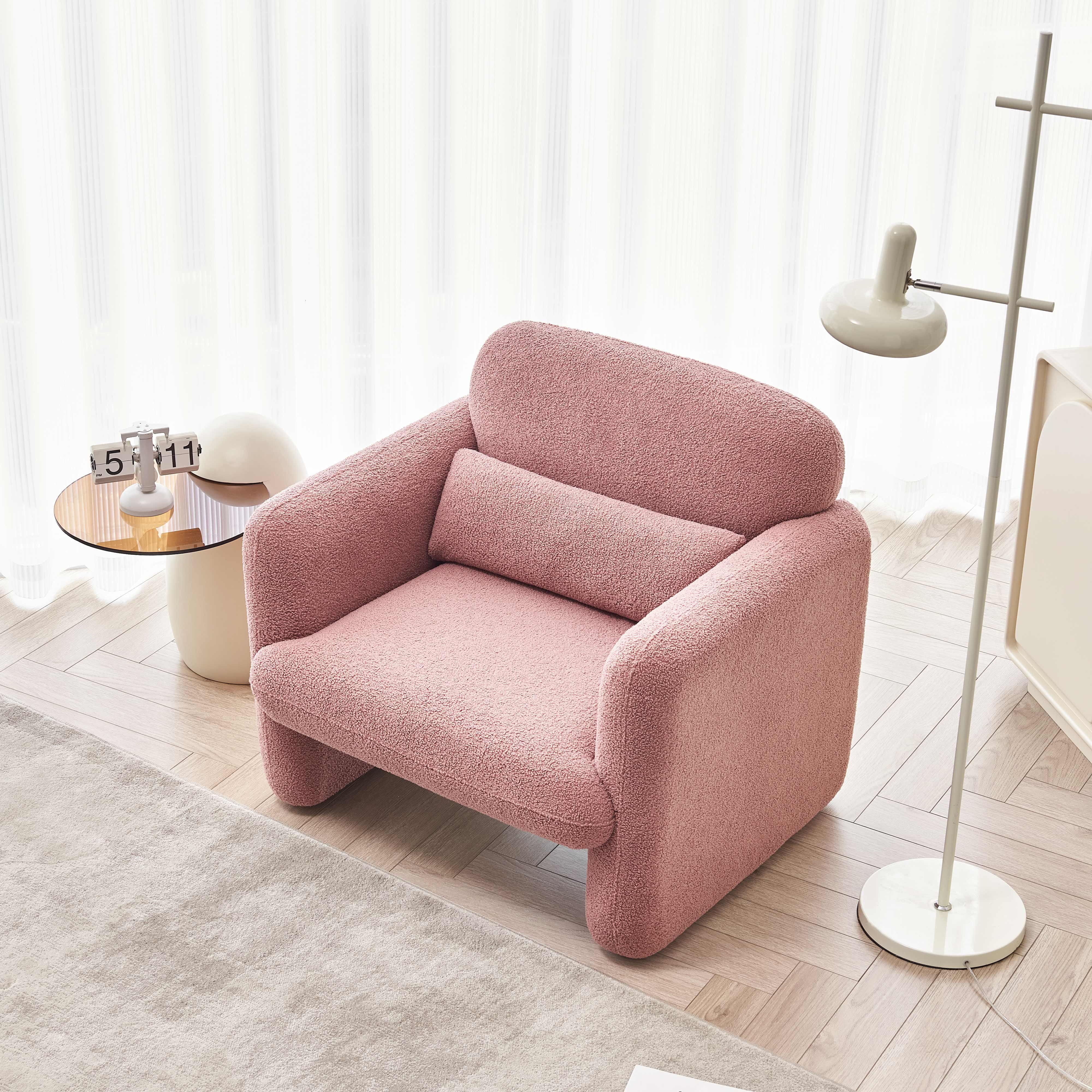 WISHDOR Loungesessel Polsterstuhl Einzelsofa Sessel Schlafsessel, Lammwolle (mit beweglichem Lendenkissen), Hochelastische Sitze rosa
