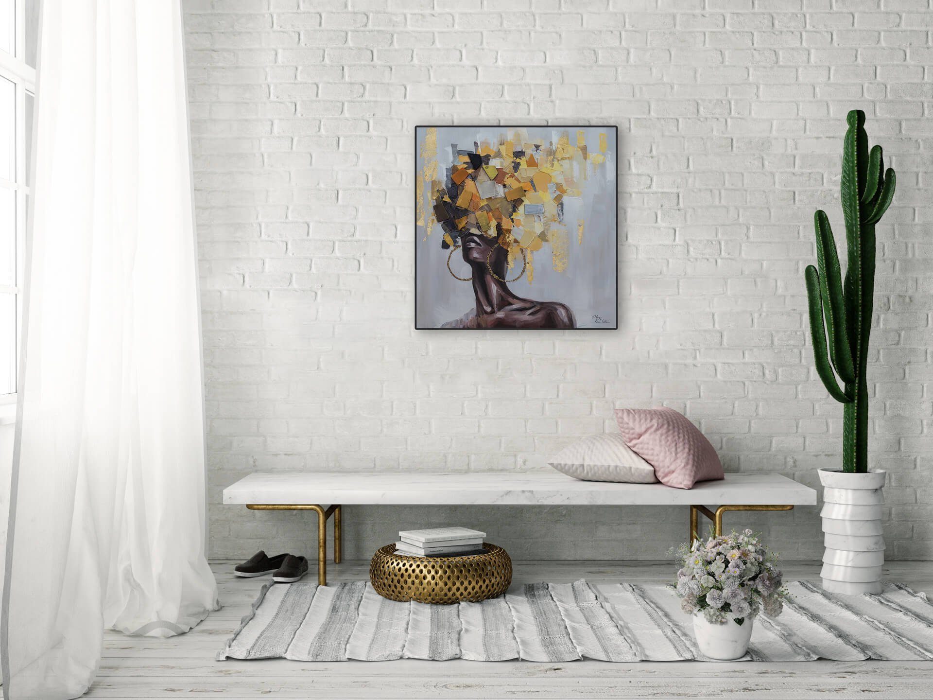 cm, 100% Wandbild 60x60 Wohnzimmer KUNSTLOFT Gemälde Leinwandbild Blättergewand HANDGEMALT