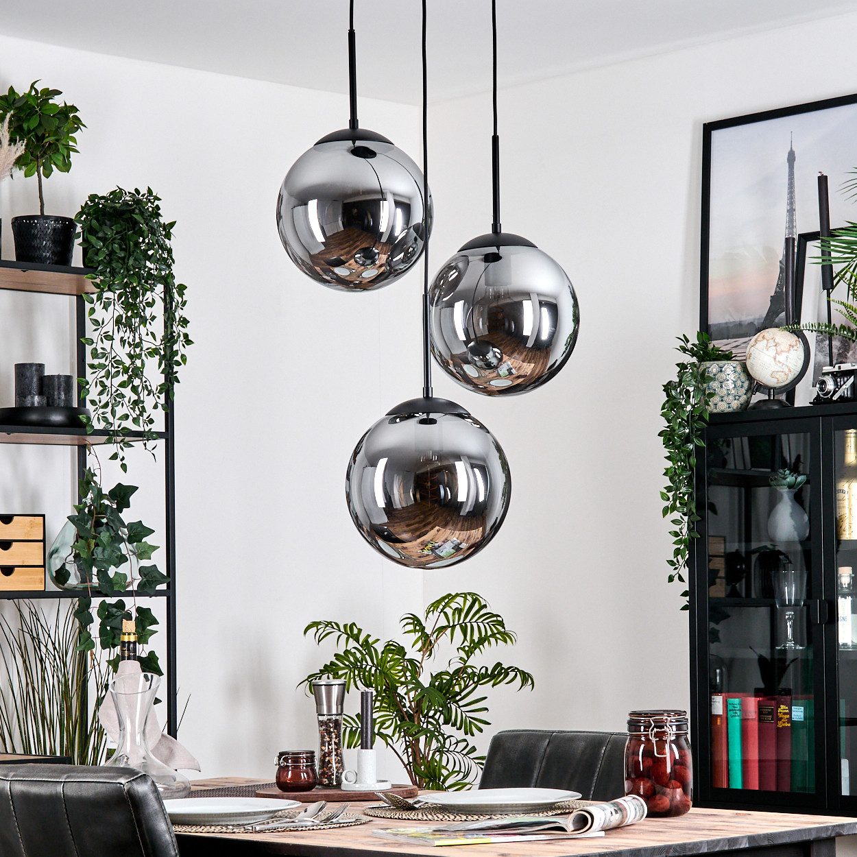 hofstein Hängeleuchte moderne Esszimmer Hängelampe aus Metall/Glas in Schwarz/Rauchfarben, ohne Leuchtmittel