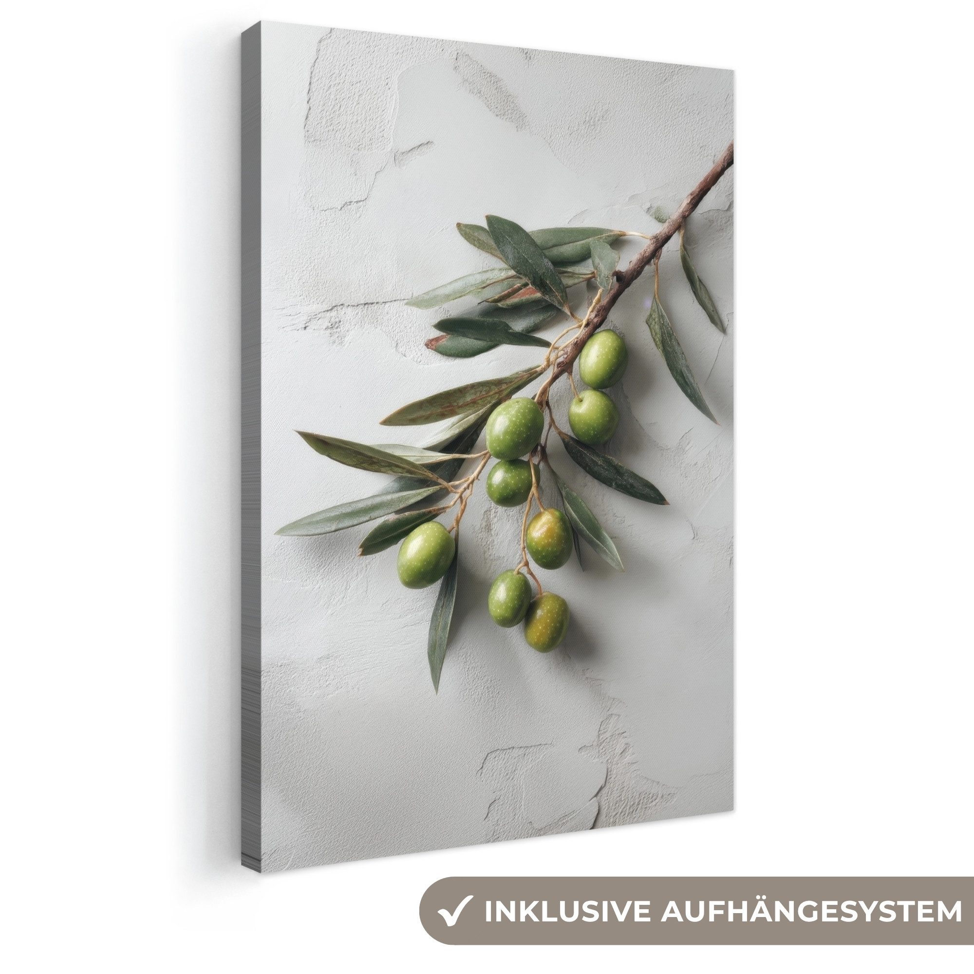 OneMillionCanvasses® Leinwandbild Olivenzweig - Beton - Mediterran, Fotodruck (1 St), Leinwand Canvas Wandbild, Wanddekoration 20x30 cm