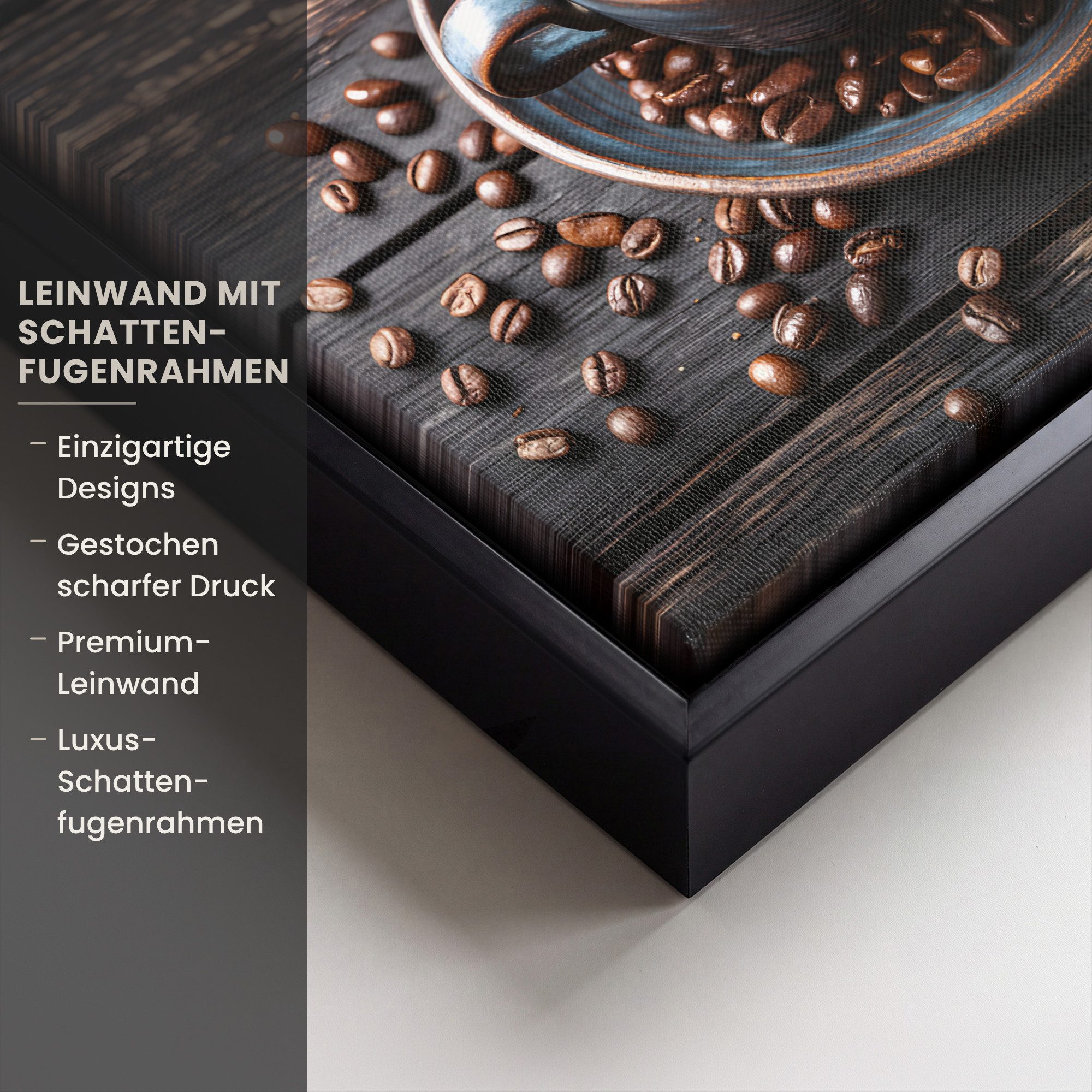 OneMillionCanvasses® Leinwandbild mit Rahmen - Tasse - Kaffee - Holz - Bohnen, Fotodruck (1 St), Wandbilder für Esszimmer, Wanddeko Bilder Küche, 20x20cm – Bild 3 von 5