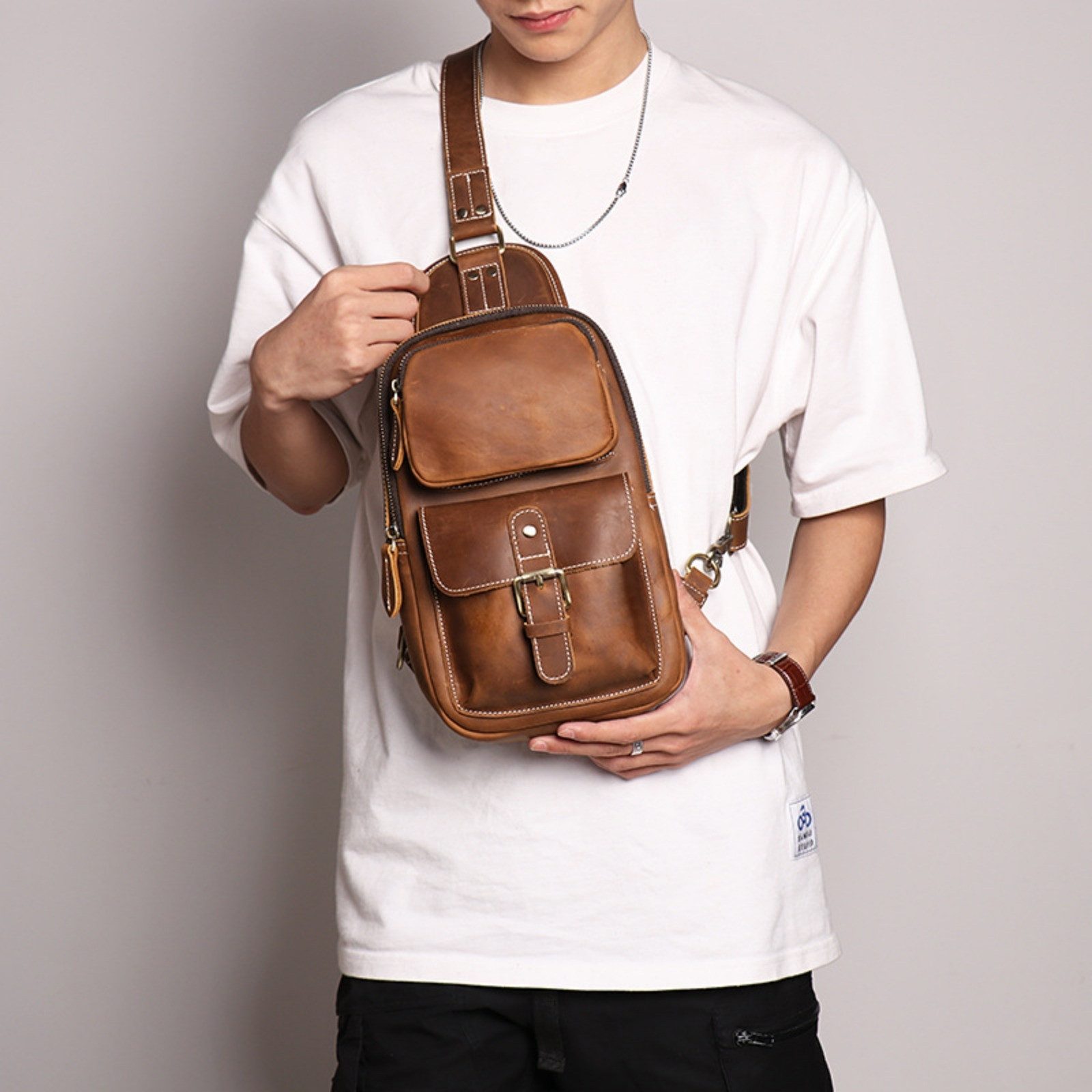 YUBRO-STUDIO Messenger Bag Herren Leder Brusttasche günstig online kaufen