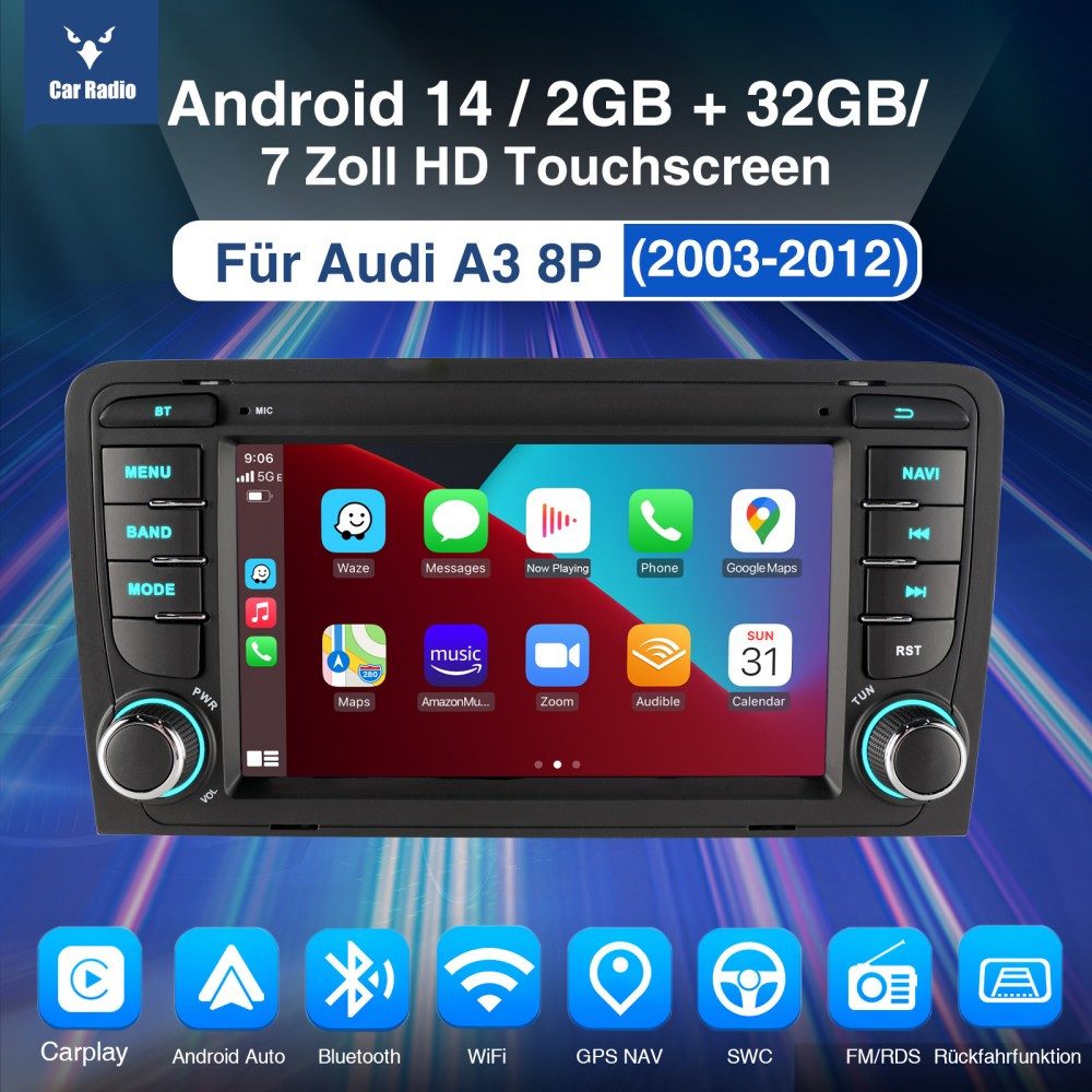 ESSGOO 7" Android 14 Für Audi A3 8P 2003-2012 S3 2006-2012 RS3 GPS Navi Autoradio (DAB+ (optional), FM, RDS, 2+64GB(optional), Wireless Carplay Android Auto Bluetooth EQ USB WIFI Touchscreen SWC)