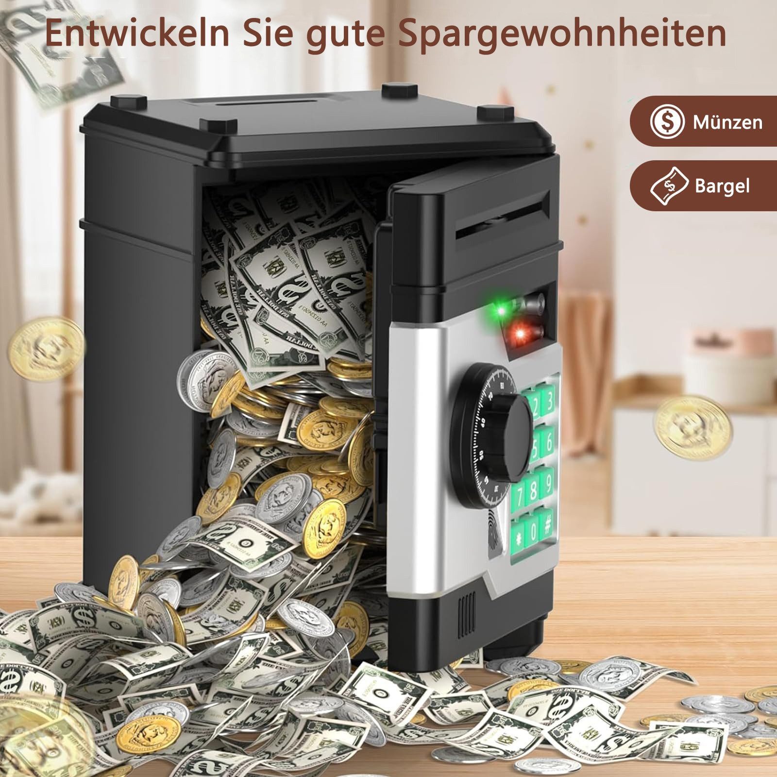 Minicloss Spardose Elektronisches Sparschwein, Geldtresor, Mini-Safe, Geldautomat, Fingerabdruck-Entsperrung Passwort Spardose Kinder – Bild 5 von 5
