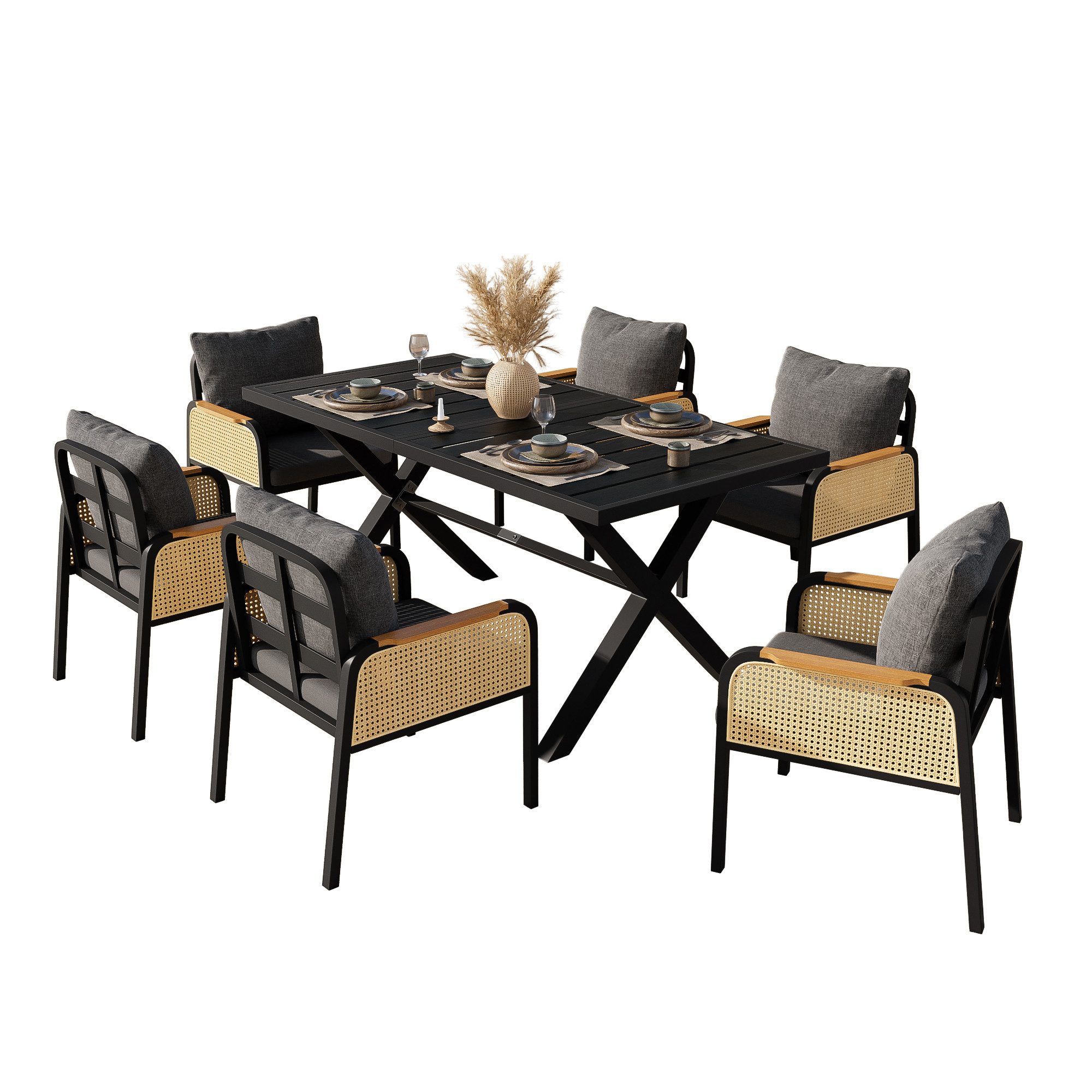 Refined Living Gartenlounge-Set 7-teiliges Gartenmöbel-Set Essgruppe Outdoor, Tisch + 6 Stühle, (Schwarz & Natur, 7-teiliges Gartenmöbel-Set, 148x80x75 cm Tisch, 57x63x84 cm Stühle, Eisengestell, 1-tlg., Holzoptik Tischplatte, Rattan Armlehnen, mit Kissen