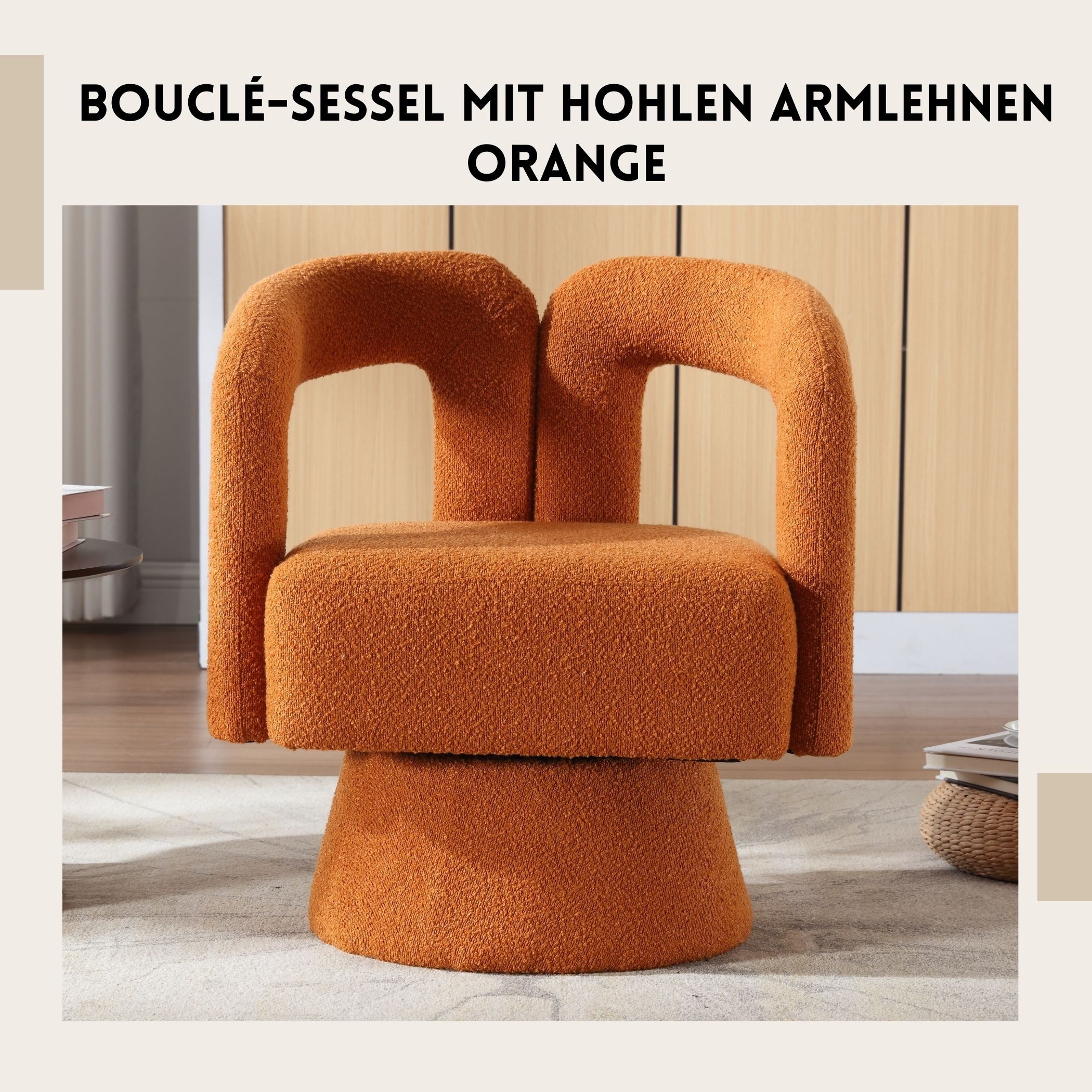 SeedWave Drehsessel Berbervlies-Sessel mit Hohlen Armlehnen, Bequemer 360° Drehstuhl, Ergonomisch, Holz- & Metallrahmen, Ideal fürs Wohnzimmer