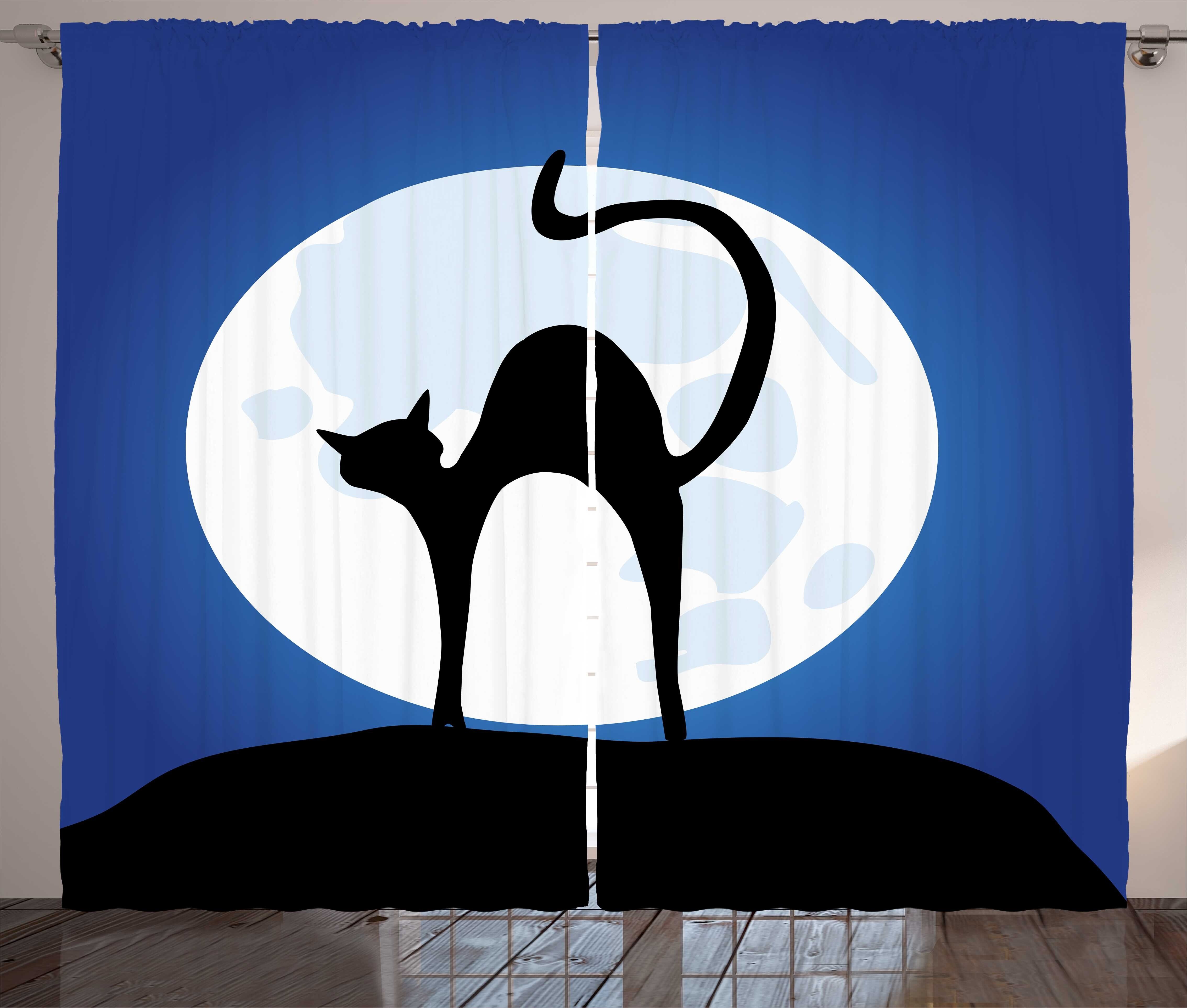 Gardine Schlafzimmer Kräuselband Vorhang mit Schlaufen und Haken, Abakuhaus, Silhouette Schwarze Katzen-Vollmond Himmel