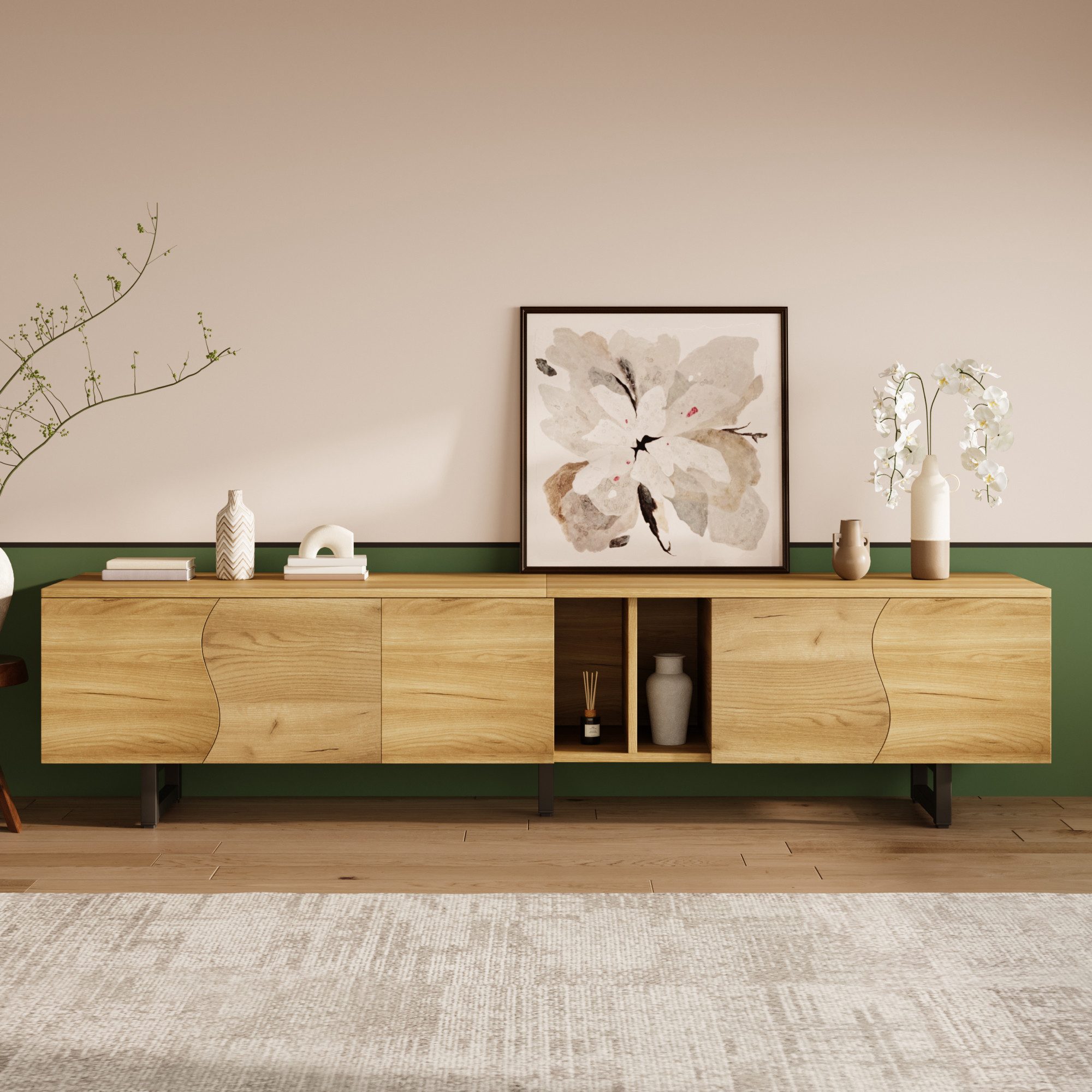 Ulife TV-Schrank Fünftüriges TV-Board 191×38×46,5 cm, Naturholz-Optik (1-St) mit Stauraum, offenen Fächern und Metallgestell