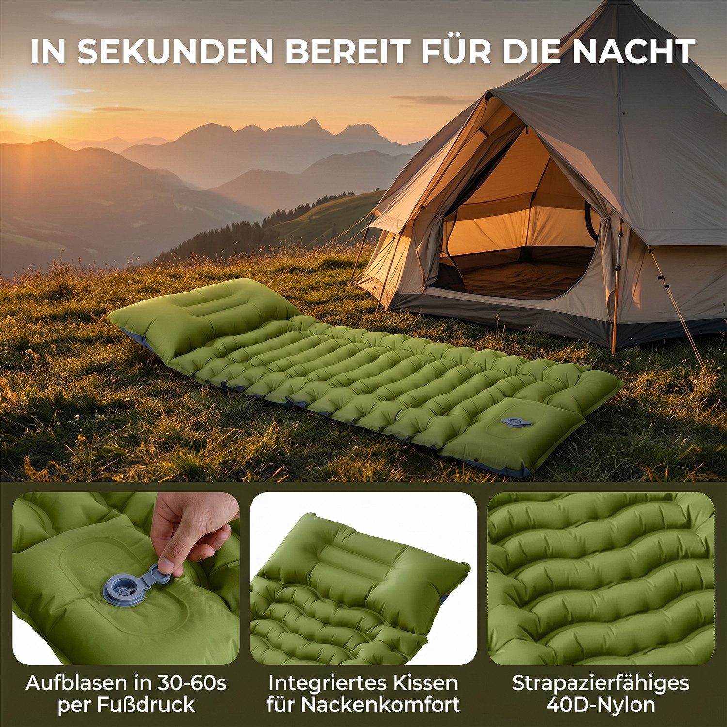 AKKEE Isomatte Camping Luftmatratze mit Kissen, Outdoor isomatte Kompakte und Leichte, Campingmatte 195×68/133CM für Wandern und Strand