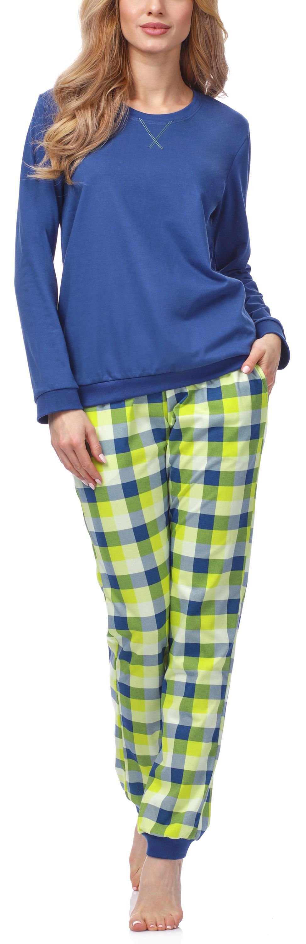 Cornette Schlafanzug Damen Schlafanzug Zweiteiler Pyjama Langarm mit Rundhals Baumwolle 634 Jeans (Meggie)