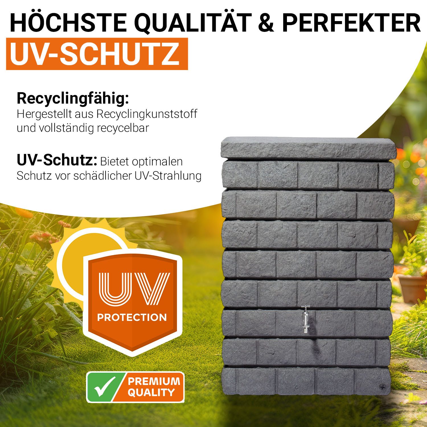 GARANTIA Regentonne ROCKY Junior Wandtank Komplett-Set 300 L, dark granite