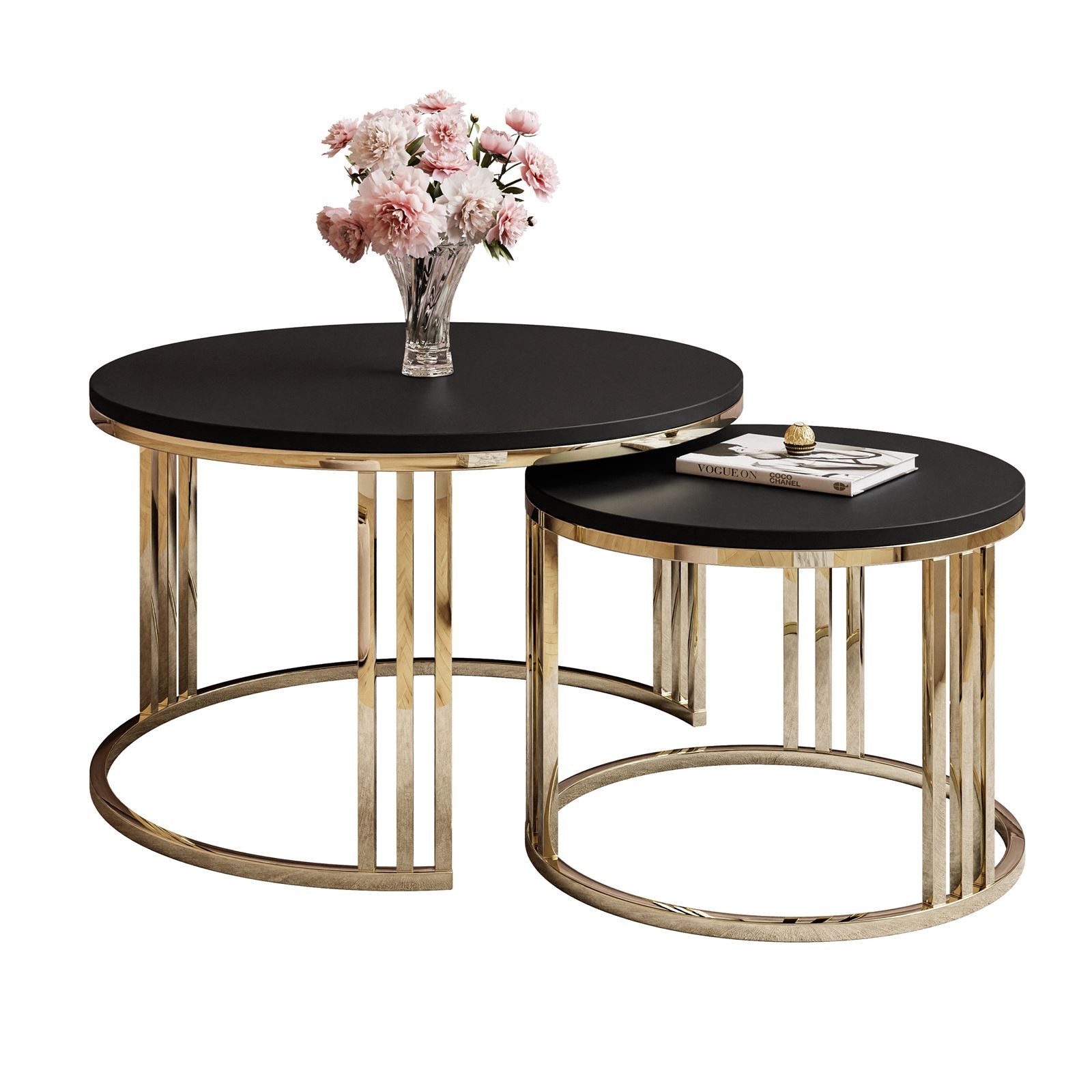 Lookway Couchtisch LORI 2in1 Schwarz Matt runder Couchtisch mit gold chrom Gestell (2er Set), Durchmesser: ⌀70 cm und ⌀50 cm