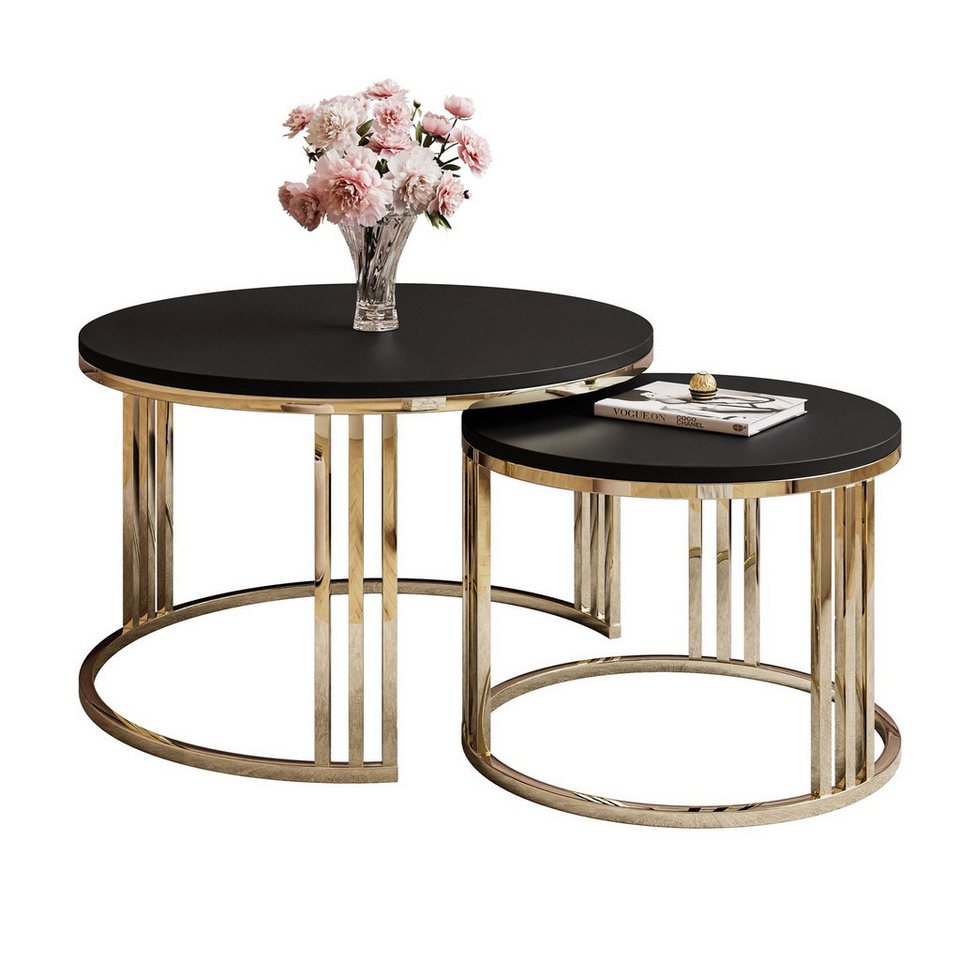 Lookway Couchtisch LORI 2in1 Schwarz Matt runder Couchtisch mit gold ...